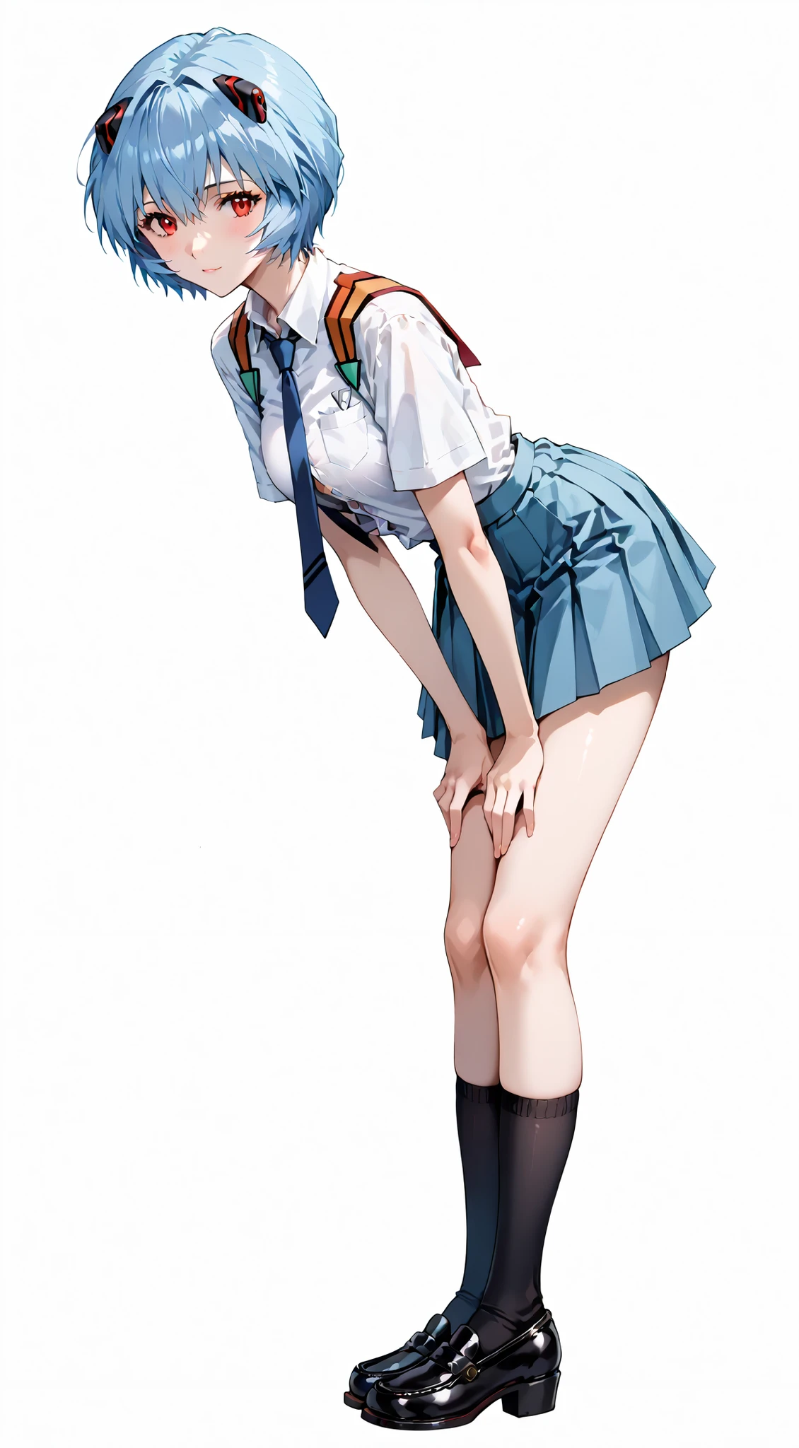 score_9, score_8_up, score_7_up, source_anime, 4K,perfect fingers,(perfect hands, perfect anatomy),prefect lighting, very aesthetic, intricate details,highly detailed background, masterpiece, high quality, best quality, high resolution,  
reiayanami,  rei ayanami, blue hair, short hair, red eyes, large breast,,
wearing ((school uniform, tie, black socks, black shoes, short pleated skirt, button-up top,   )),,
((White plain background:1.5)) ,((front look:1.5)), ((full body photo)), ((Side View:1.2)), ((looking at viewer:1.4)), ((leaning forward:1.3)),