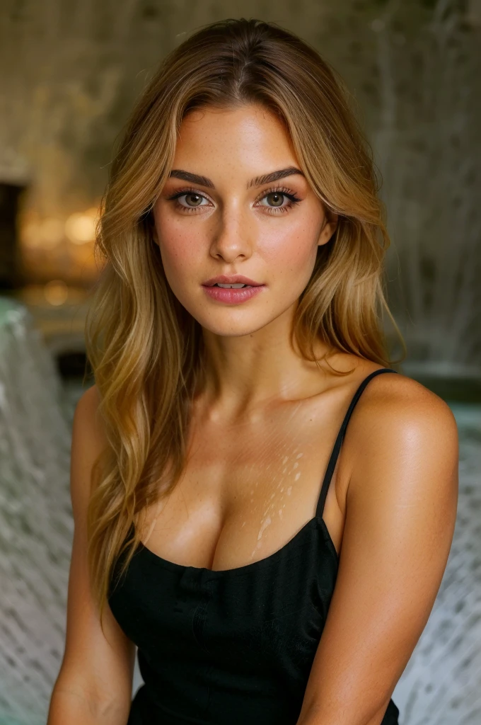 Best quality,high resolution,8k masterpiece, atmosphere, golden hour light:1.3, bright light hard light:1.2, fuji color:1.5, film grain,

Atractive woman, 21 years old, delicate occidental features, aureal proportion:1.5, slight wavy brown hair with little few blonde lights:1.4, thick sexy eyebrows:1.4, long eyelashes:1.3,deep eye look:1.3, (real skin texture:1.3), medium thick lips :1.3, golden brown eyes :1.5, photo studio:1.5, indoor, black lingerie:1.4, high contrast .