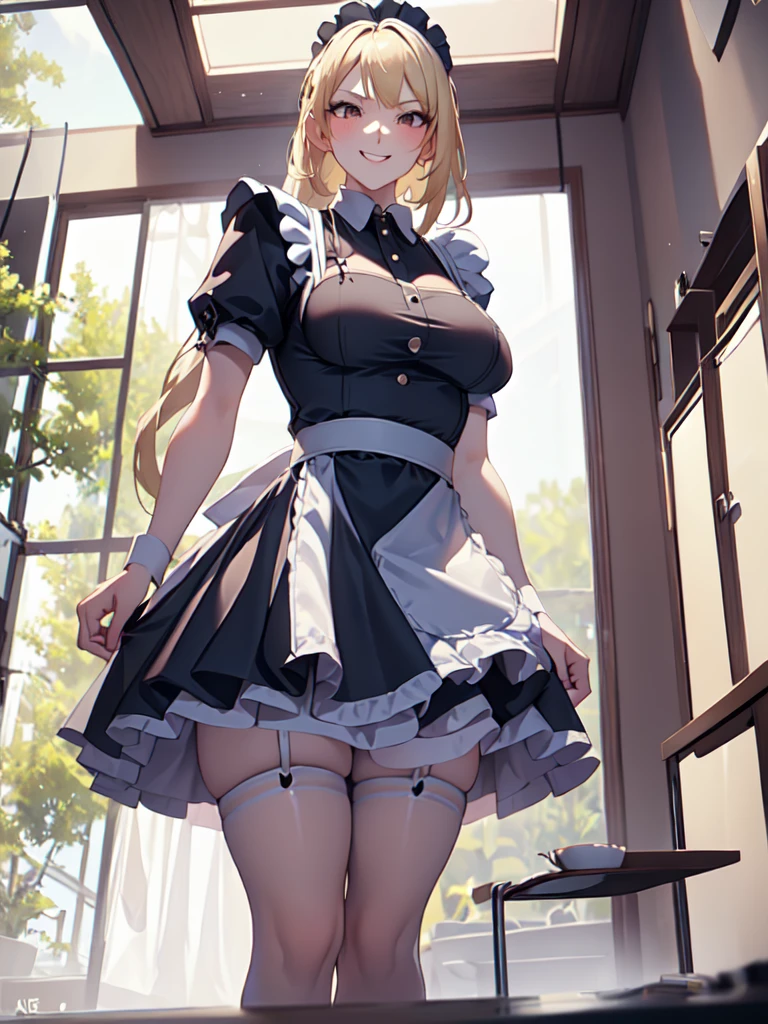 (masterpiece, best quality), (1girl, solo), beautiful girl, french maid costume, big chest, indoors, black heels, (detailed beautiful eyes) lace, blonde hair, pink, hands in her chest, blushing, cowboy shot