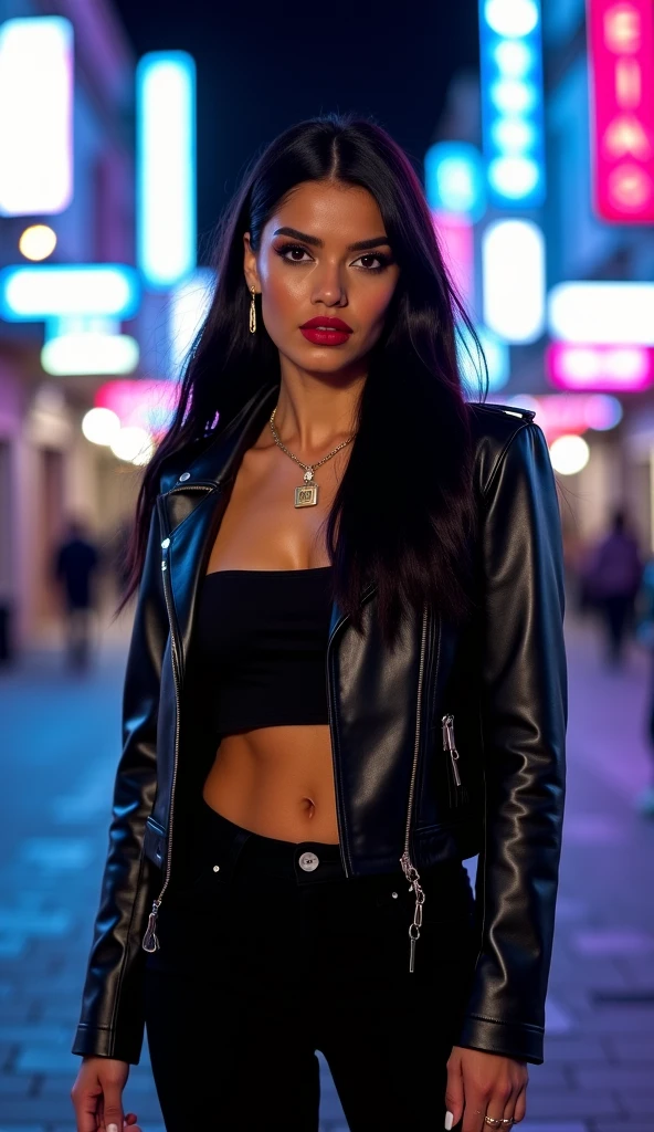 Best quality, realistic, from the front in first person, KristannaTX on a Los Angeles city street, (a female mexican Supermodel), (sexy wine red leather jacket:1.1), split, seductive smile, (dark hair), (hairstyle:1.0), Perfect eyes, sharp parts, detailed face, face-makeup, cheeks turn red, Eyeliner, eyeshadow, lip gloss, Supermodel, (Deep Focus), (hard lighting), (Night time), (realistic lighting:1.0)