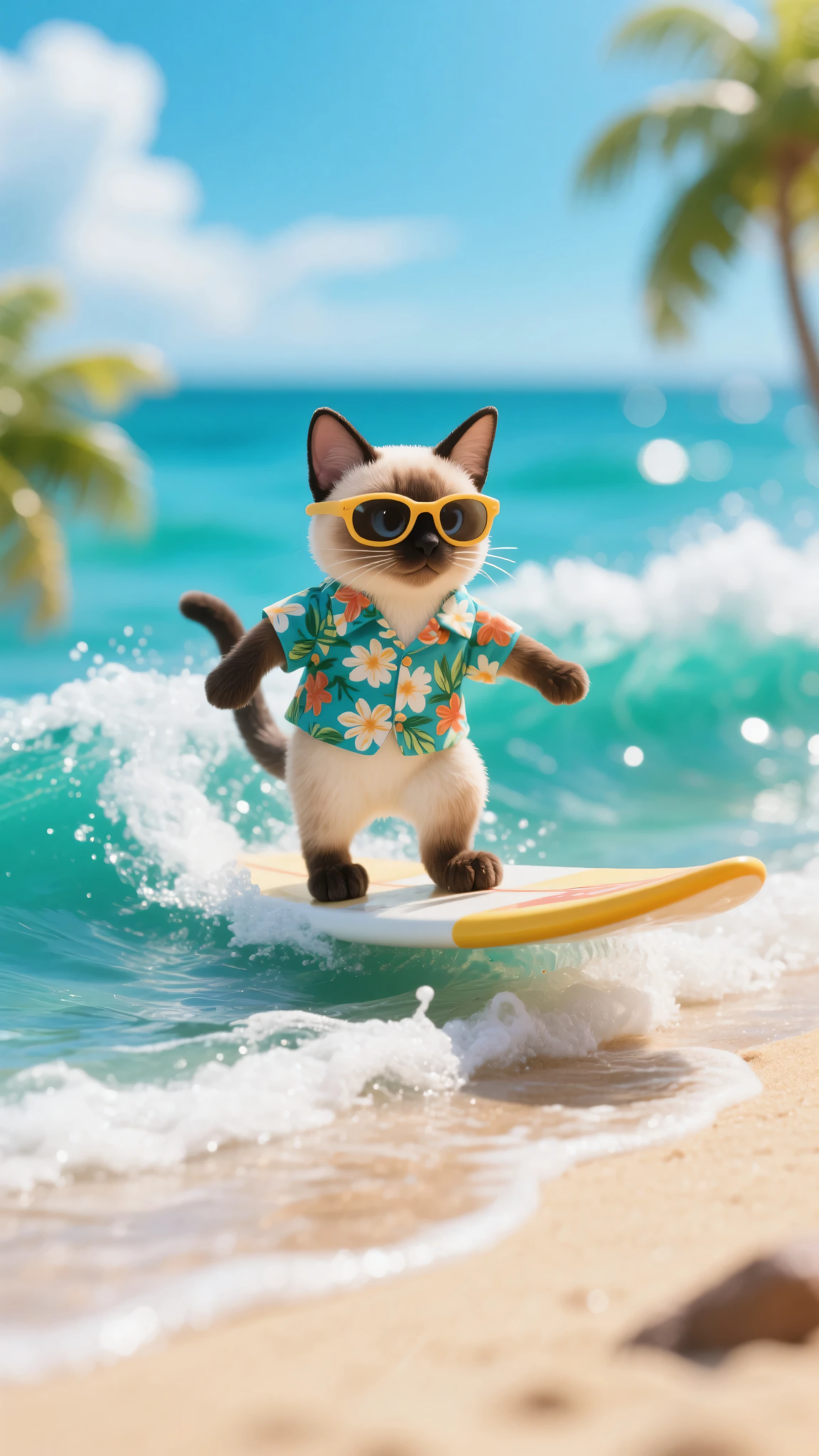 Illustrate a Siamese cat in a Hawaiian shirt and sunglasses, coolly riding a wave on a surfboard at a miniature beach.

