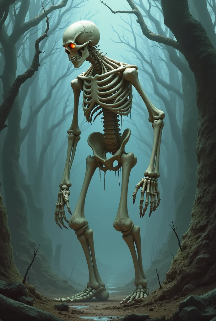 Skeleton covered in moss and dirt in a misty forest