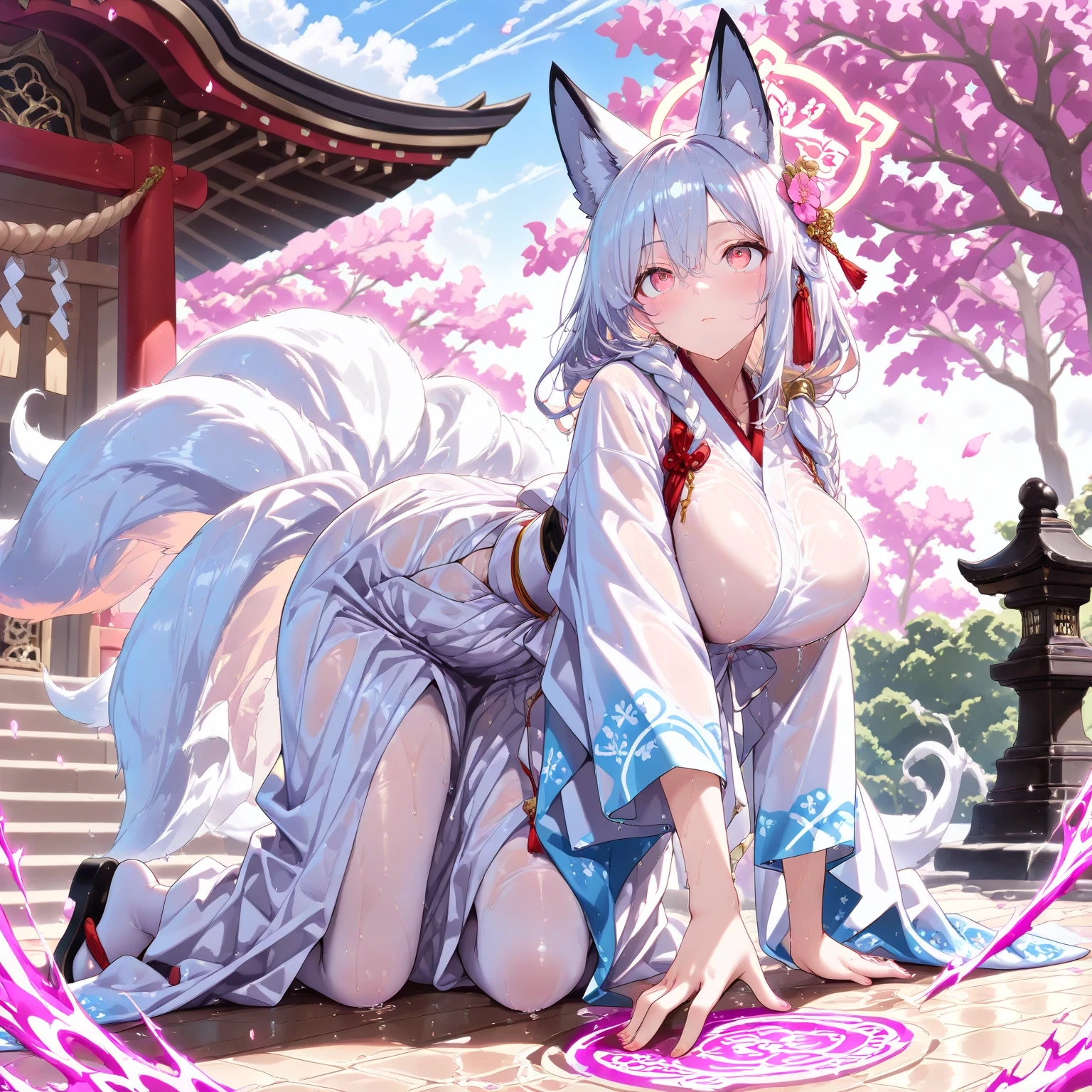 Solo, score_9,score_8_up,score_7_up, kemono style, amaterasu from okami, female Anthro wolf, wolf ears, wolf tail, yellow eyes, black sclera, black lips, black nipples, hourglass figure, naked, white hair in a top knot, hair pins, in a magical sun temple, sexy majestic pose,