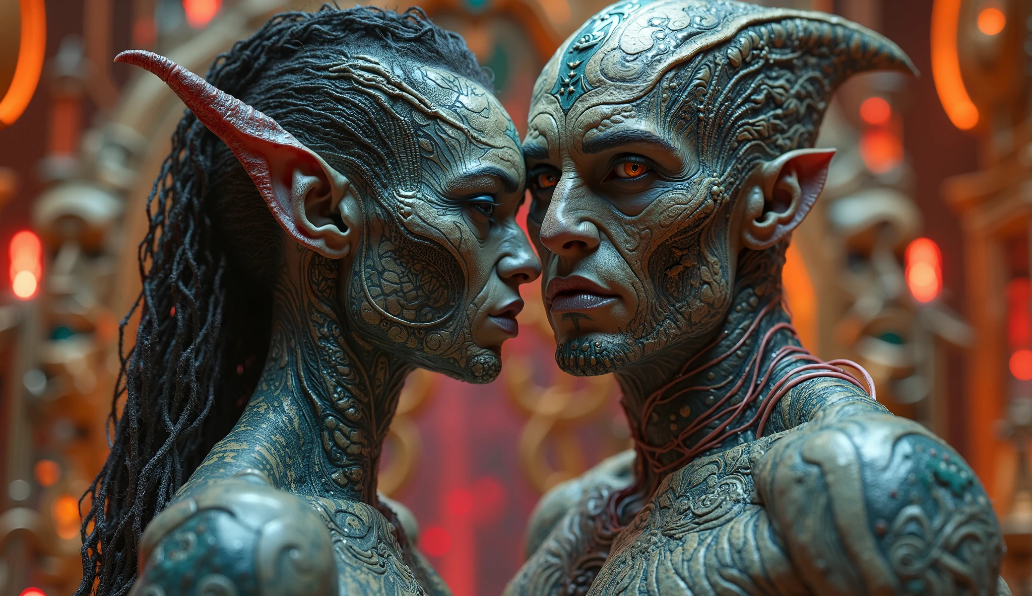 There are two alien people(soft human features) with horns and body paint, alien man with alien woman, zbrush contest winner, jessica rossier e brian froud, alien hybrids, female humanoid creature, saurians, Sylvain Sarrailh e Igor Morski, hyperdetailed fantasy character, concept creature character art, zbrush central contest winner, ancient humanoid beings, full body on show, strong and anatomically perfect bodies