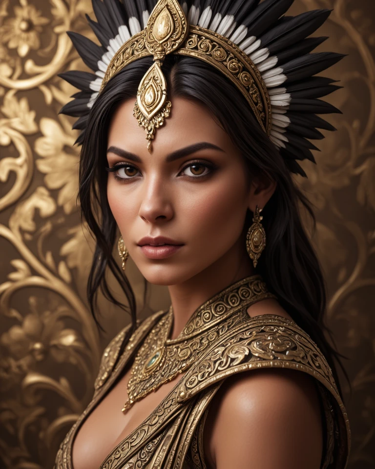 beautiful detailed eyes, beautiful detailed lips, extremely detailed eyes and face, long eyelashes, 1girl, woman, powerfull and beautiful aztec witch, aztec witch, high Photorealistic megan fox, hyper realistic, 8k, masterpiece, ultra-detailed, photorealistic, professional, studio lighting, intricate details, vivid colors, dramatic lighting, volumetric lighting, cinematic, in defense pose, angry expression, aztec mythology, dramatic shadows, dramatic highlights, depth of field, middle body 