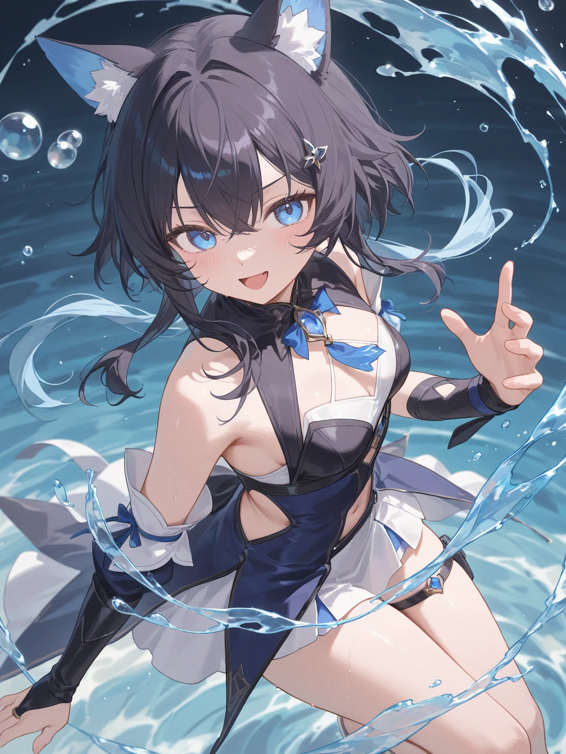 Erotic Anime Illustration、Highest image quality、A voluptuous bitch magical girl shows off her vagina in the underwater temple、perfect proportions、Overwhelmingly big breasts beyond the norm、thick legs with fat、big areola、Beautiful shining eyes、cowboy shot、smile、shaved pussy、exposing nipples、sweating、spread your legs、Vagina depicted in detail