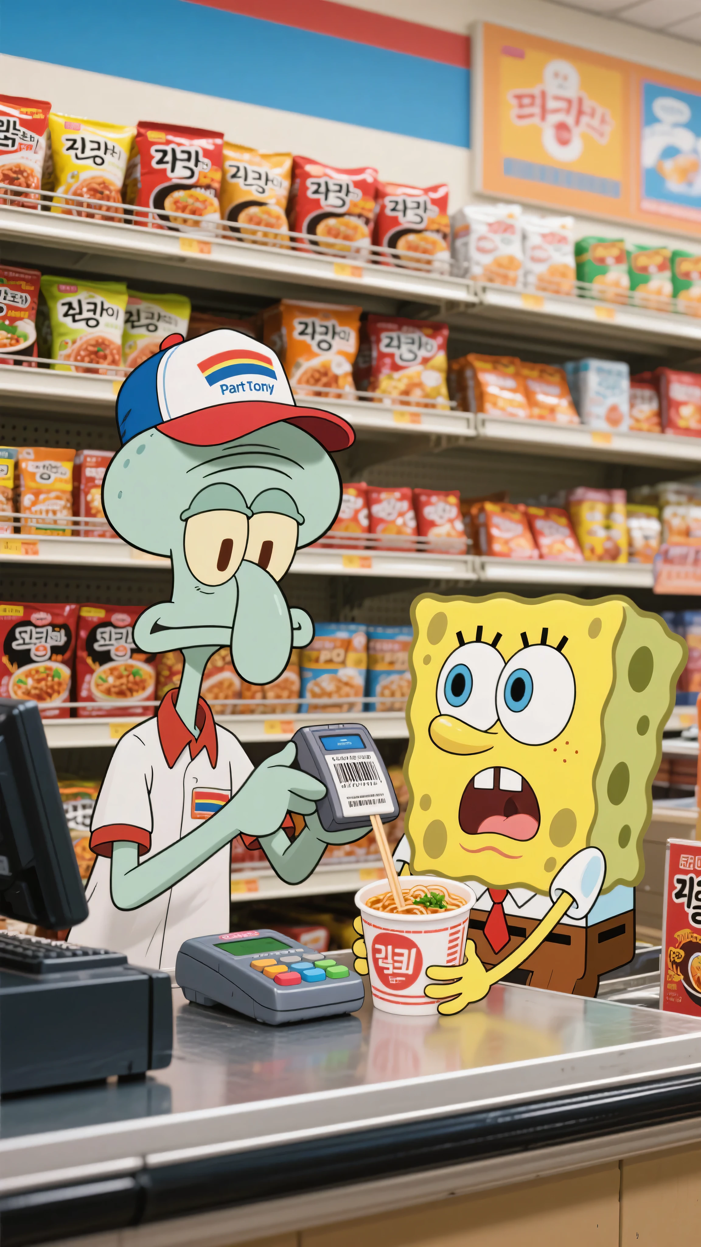 Plankton, wearing a convenience store part-time job hat, sits at the checkout counter skillfully scanning barcodes, while SpongeBob looks bewildered, handing Plankton a cup ramen. Despite his small size, Plankton expertly handles the POS machine. Behind them is a shelf full of Korean ramen packages.

