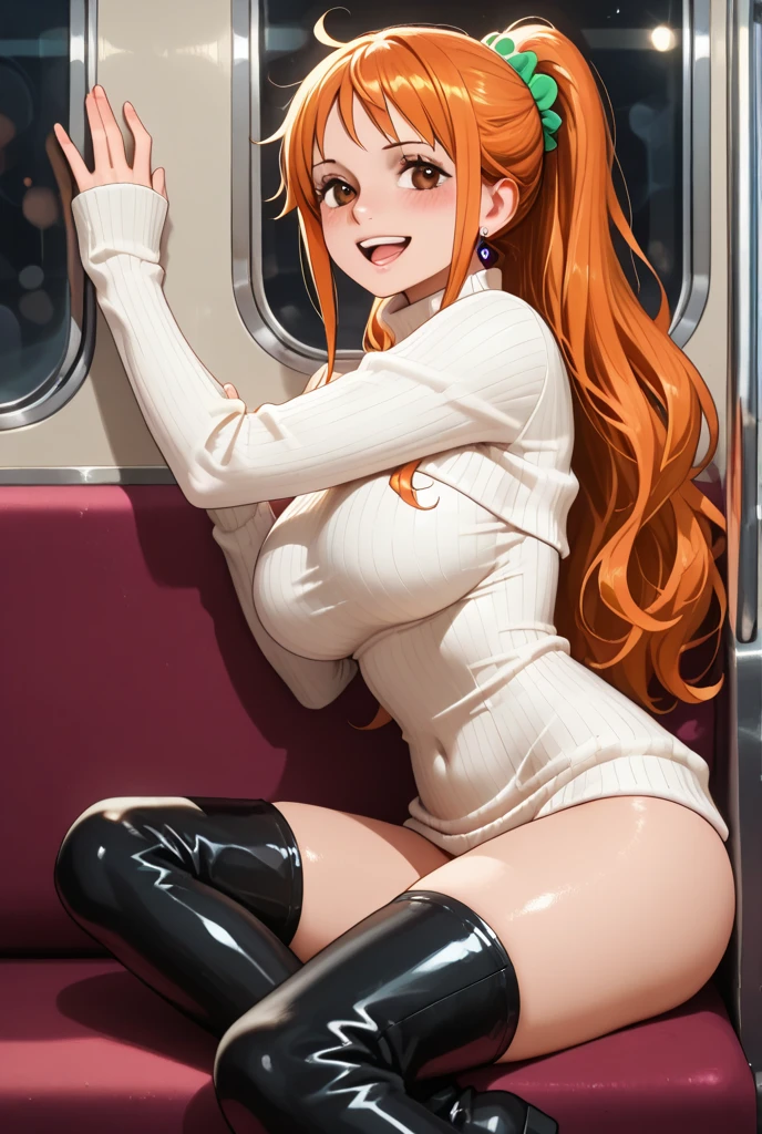 (masterpiece, sidelighting, ultra-detailed, finely detailed beautiful eyes: 1.2), 1girl, bag, building, from side, headphones, hood, hood down, hooded jacket, hoodie, jacket, long hair, large breasts with hard nipples expose, orange hair, profile, red hair, solo, train, train interior, upper body, Masterpiece, best quality