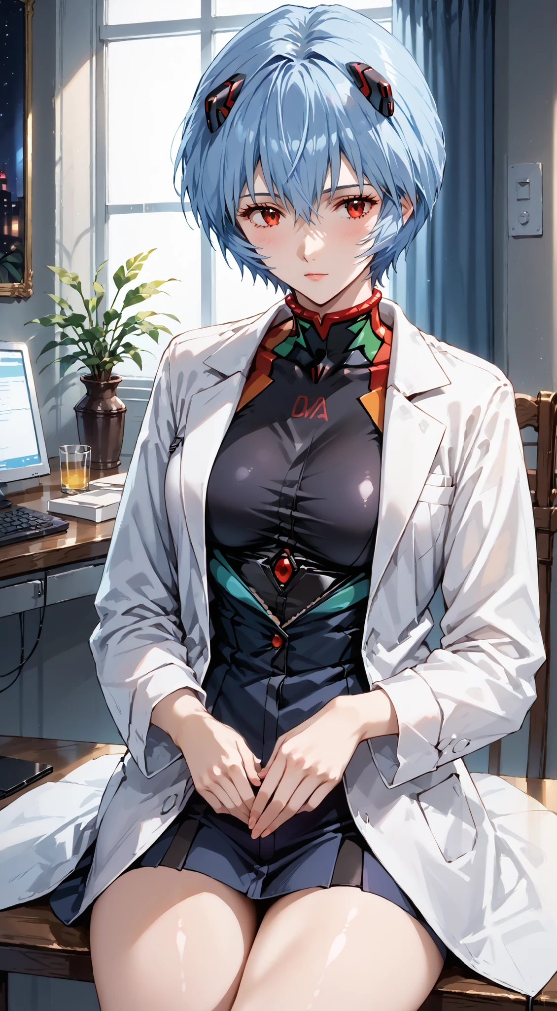 score_9, score_8_up, score_7_up, source_anime, 4K,perfect fingers,(perfect hands, perfect anatomy),prefect lighting, very aesthetic, intricate details,highly detailed background, masterpiece, high quality, best quality, high resolution,
reiayanami, rei ayanami, blue hair, short hair, red eyes, large breast,,
wearing ((white lab coat over a partially unbuttoned black blouse, )),,
sitting in a dimly lit room,