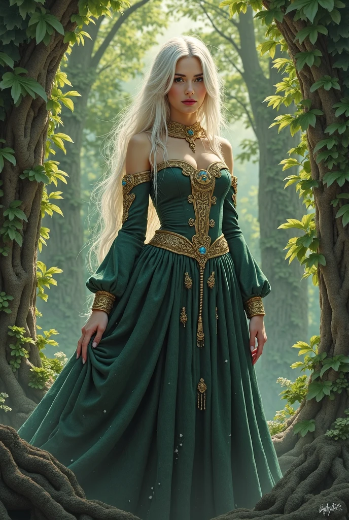 witch woman, wearing Elven princess-inspired silk gowns with leafy embellishments, (crystal, smoke, forest palette), masterpiece, 8k, high resolution, shallow depth of field, sharp focus,detalid dace,detailed hands,elf woman,full body,