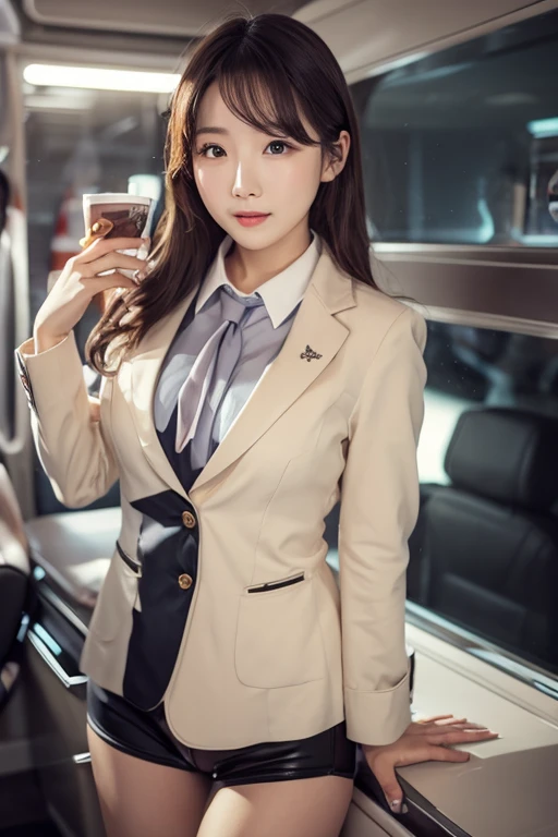 1 female、alone、(super beautiful)、(beautiful face:1.5)、bus guide、(spread your legs)、(show me your white panties:1.1)、bus guideユニフォーム、(white collared shirt:1.5)、(Tailored jacket:1.4)、(mini skirt:1.3)、(Satin scarf:1.5)、(Thin white gloves)、high heels、have、(Bus seats)、(At SFW:1.6)