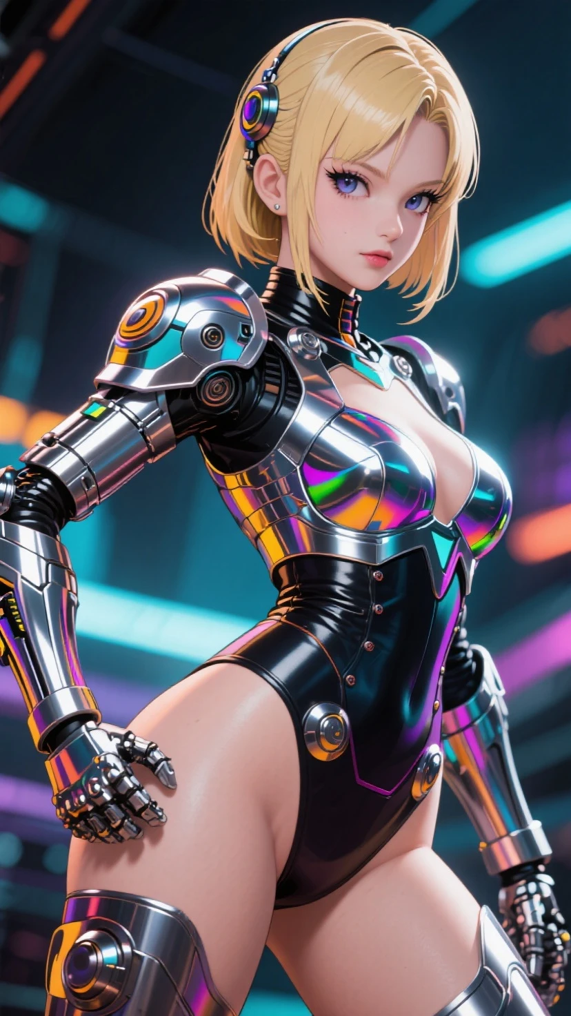 anime girl, taylor swift,blond, detailed lips, pose,Raw photo、glowy skin、Cyberpunk Suit、((hyper realistic detail))、portlate、Global Illumination、Shadow、octan render、in 8K、ultrasharp、big huge tits、Raw skin is exposed in cleavage、metals、Details of complex ornaments、Luminous tube、extremely intricate detail、big boobs, Realistic light、CGSoation Trends、purple-eyed、radiant eyes、Facing the camera、neon details、Mechanical limbs、blood vessels connected to tubes、Mechanical vertebrae attached to the back、mechanical cervical attaching to neck、sitting on、Wires and cables connecting to the head、lot of Small LED lamp、The background is the server room of the future