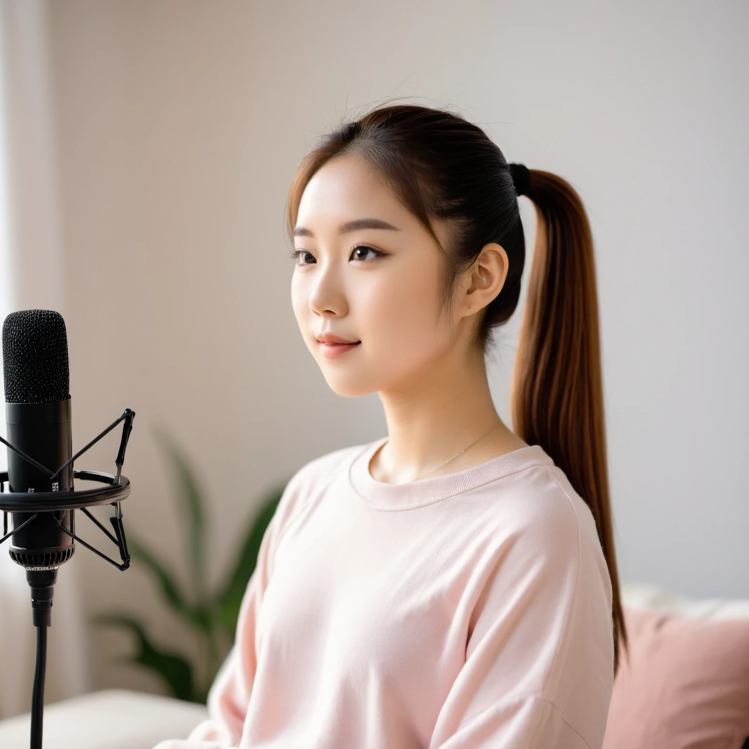 A semi-realistic young Asian woman sitting comfortably in a cozy studio, gently performing slow, elegant hand movements near a black microphone. She has a calm, kind expression with soft features. Her long chestnut hair is tied in a loose ponytail with a few strands falling naturally. She wears a cute pastel top with delicate details, stylish but simple. Warm cinematic lighting, relaxed atmosphere.

