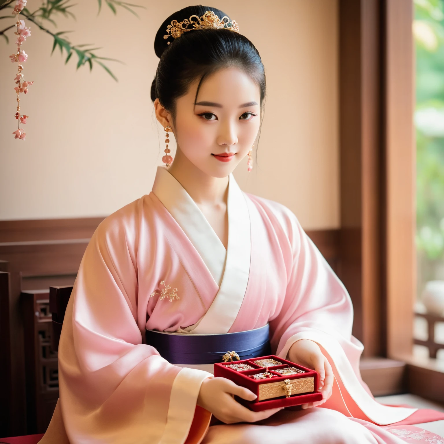 A semi-realistic young Chinese woman in a soft Hanfu, seated and facing the viewer directly. She gently holds a luxurious jewelry box with both hands, carefully opening it in a calm, slow gesture. Her expression is serene, her posture elegant. The background is softly blurred with warm ambient light. No microphone, no distractions. Dreamy cinematic lighting, rich color tones.

