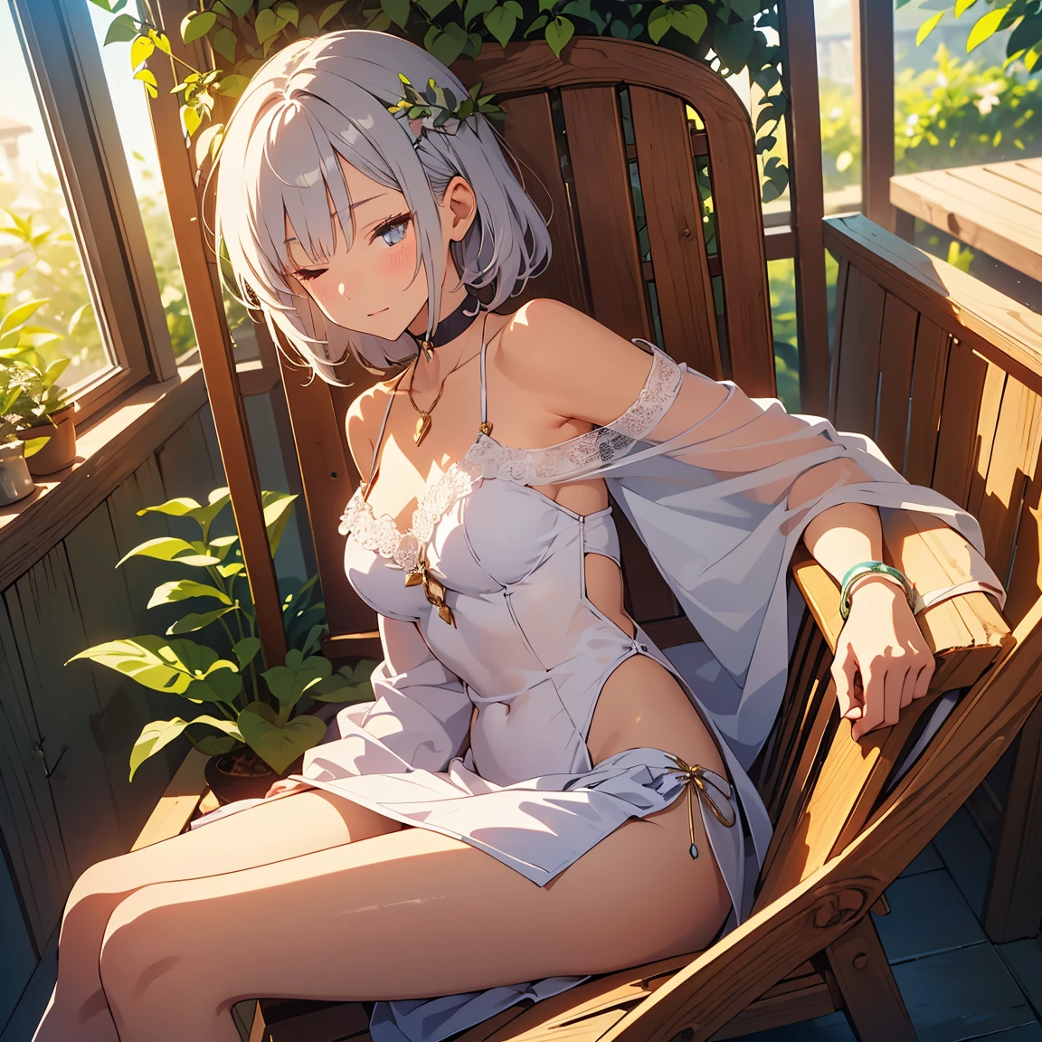 woman、Silver Hair、Short Hair、Green Eyes、Flower Hair Ornaments、Flower piercing、Big Breasts、Nipples、woman器、underwear、lingerie、garter belt、bench、Leg spread、night、garden、moonlight、Sweat