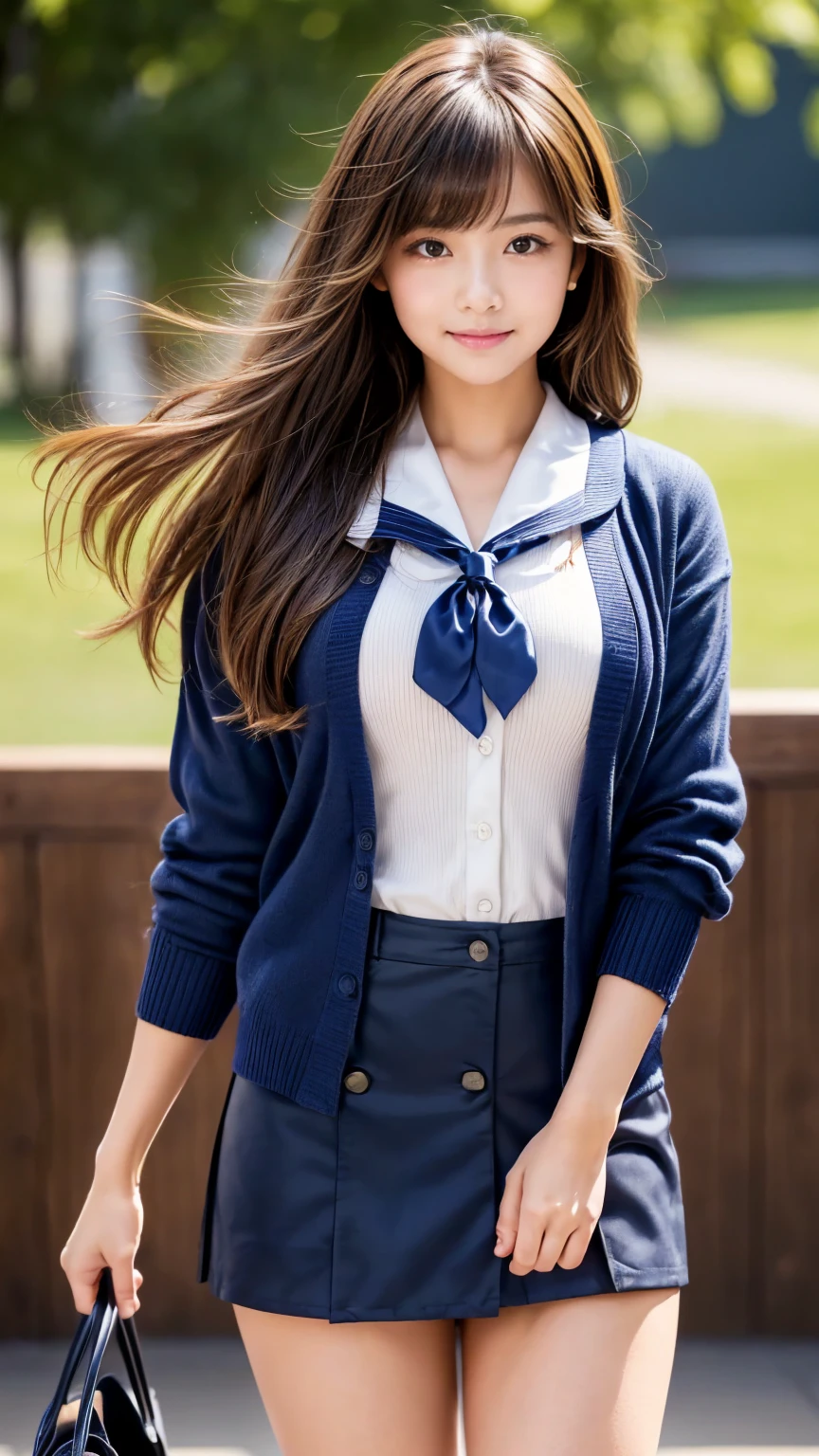 mix4, (16 K, Raw photography, Top image quality, masterpiece: 1.45), (realisitic, Photorealsitic: 1.37), one girls, 7.5, etc、Random hairstyle、Standing figure,Daytime、a very cute,Inside the school building,, profetional lighting, photon maping、physically-based renderingt, Gradient dark brown hair,Crisp backgrounds and high resolution, a handsome, Well-groomed and beautiful eyes、Large double eyelids、Very shiny、girl with, (((student clothes、Winter clothes、Sailor suit worn by Japan schoolgirl、Navy blue sailor color、scarf、a miniskirt, Small beret、high socks、lowfers、Frugal bag))), Top Quality Photos, hight resolution, 1080p, (clearface), (Detailed face description), (Detailed hand description), (masterpiece), (Exquisite CG)、extreme light and shadows、dishevled hair、master work、abundant detail、(Fine facial features)、(top quality photo)、(masuter piece)、(A detailed eye)、Look in front of you、Fine clavicle、((Slender big))、(((Japan schoolgirl in sailor suit)))、((Idle system))、((school classrooms、chalk board、desk and chair、Window side))、(((neat and cute)))、耳?????? Ring、A big smile、Drawing the whole body from the knees、Do not draw nasolabial folds、(((Long sleeve sailor suit)))、(Big breasts that hang down big:1.2)、Big buttocks with tension、Two arms and two legs、(((from the front side:0.3)))、bare hand、No mask、No skin exposure