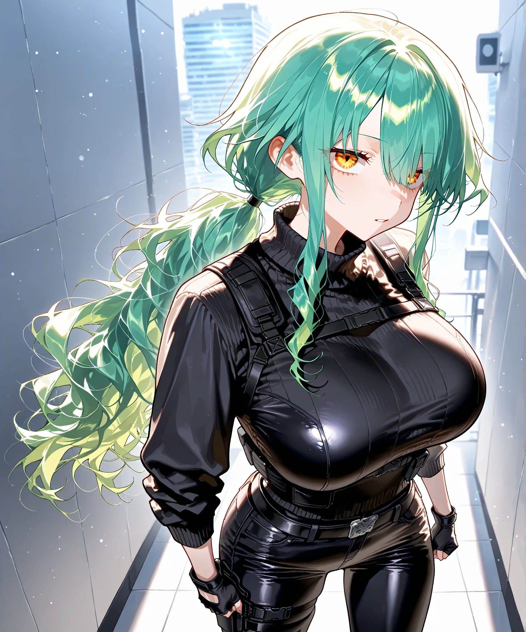 1girl,solo,super detailed skin,shiny skin,wet skin,natural face,eyelashes,green hair,double bun,blunt bangs,sidelocks,,large breasts,bodysuit,full-length zipper,open zippers,heart cutout,latex,ninja clothes,Shinobi costume,model pose,standing,from above,night palace,masterpiece,best quality,ultra detailed,high resolution,sharp focus,depth of field