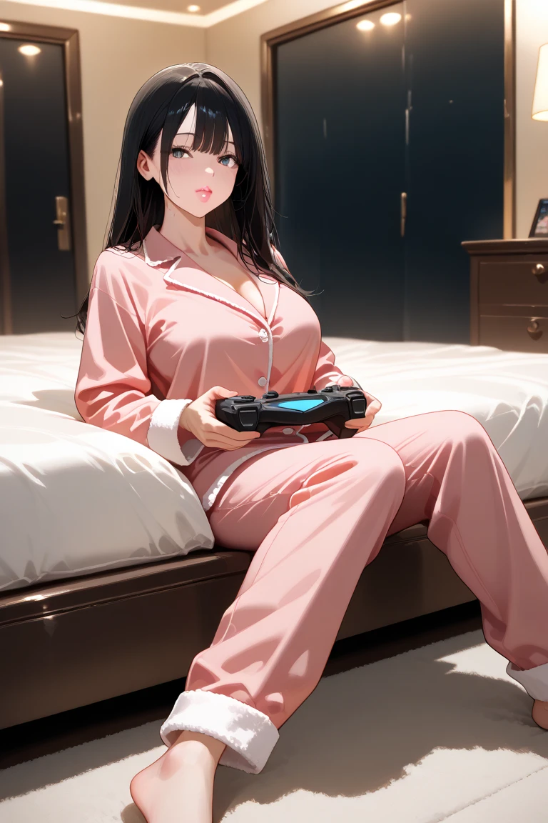 A young woman with long, dark hair and striking eyes, wearing a light purple, form-fitting dress, sitting on a couch in a stylish apartment. The living room has a cozy and modern look with a large TV and gaming setup. She has a confident and playful smile, holding a game controller. A young man, looking nervous and flustered, sits next to her with his own controller. The atmosphere is casual but charged with an intense dynamic, as she teasingly leans closer to him.