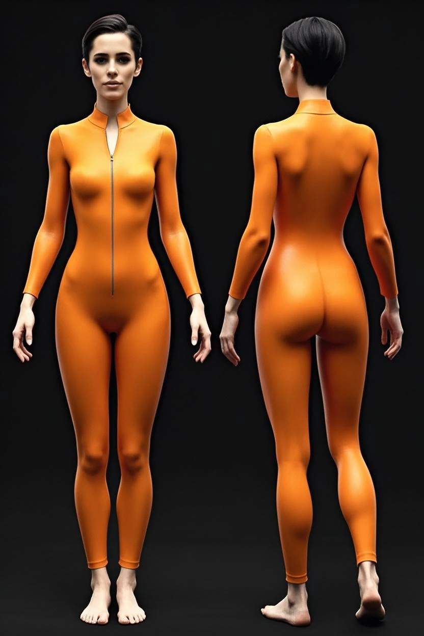 ((character concept art)), ((character design sheet, same character)),(full body view), (adult MILF), Tall stature, little chest, closed mouth, brasilian appearance: brown eyes; brown hair; sharp facial features; dimple on the chin; Straight nose; high nose; pronounced high cheekbones; high forehead, stands upright, oiled skin, plump physique, (gigantic breasts:1.2), wide hips, brasilian butt, huge legs, big tighs, detailed face, ((black bodysuit)).