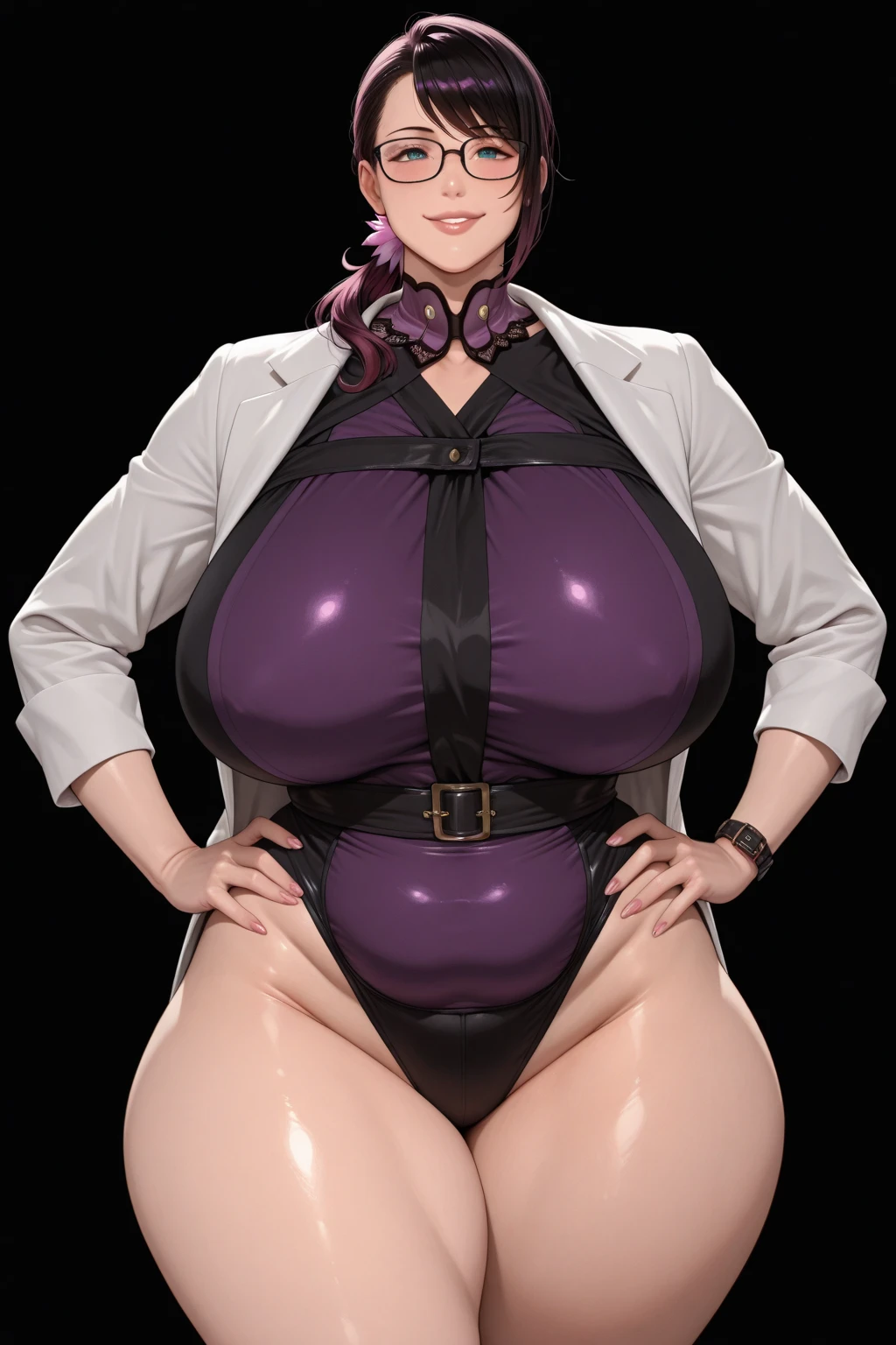 score_9, score_8_up, score_7_up, score_6_up, score_5_up, score_4_up, solo, major, long purple hair, long side locks, hair tubes, big thick full lips, ((pouted lips)), blue eyes, ((squinting soulful eyes)), colored eye shadow, ((mature woman)), ((full body)), sexy, seductive, alluring, smile, Gray short pilot jacket, leotard, over the knee long boots, long sleeve black gloves, straps, belt, harness, (((huge breasts))), ((sagging breasts)), wide hips, thick thighs, huge ass, sci-fi fashion, intricate details, detailed background, detailed eyes, sharp focus, grounded sci-fi aesthetic, ((ghost in the shell style)), masterpiece 