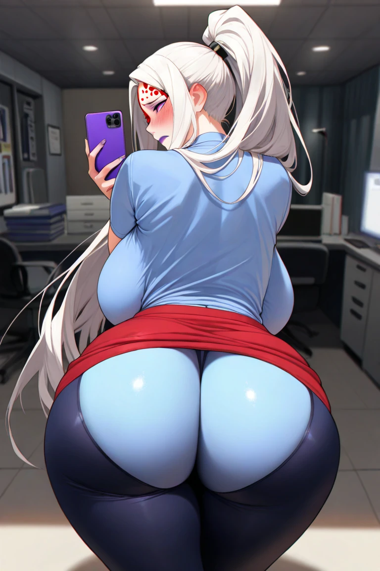 (((solo,1woman, mature, alone))), KidaWaifu, ((white hair, long hair, bangs, glowing blue eyes, wide eyes,tribal, lipstick, makeup, narrow waist, skinny, medium breasts, dark skin, black skin)), pelvic curtain, ((white panties, blue tube top)), full body, perfect body, (insanely detailed, beautiful detailed face, masterpiece, best quality), (extremely detailed 8k paper CG wall unit: 1.1), (bedroom, dusk), (smile face for the viewer), bent over, big ass, View from behind, Diagonal view