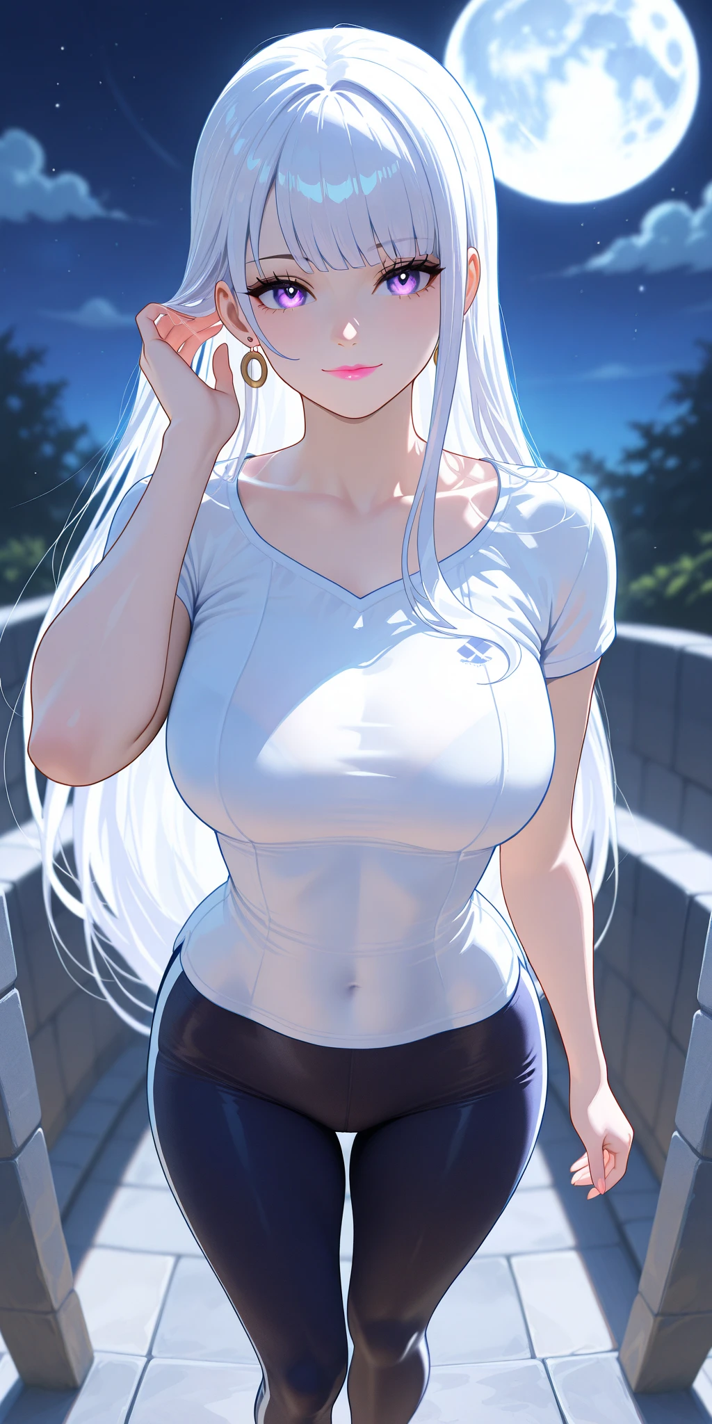 1girll，long whitr hair，sleeveless turtleneck，High-waisted skinny shorts，Black tights，high-heels，huge boob，Huge ，Huge ，Delicate makeup，are standing，staring in the camera，ln the forest，floresta exuberante，The best lighting
