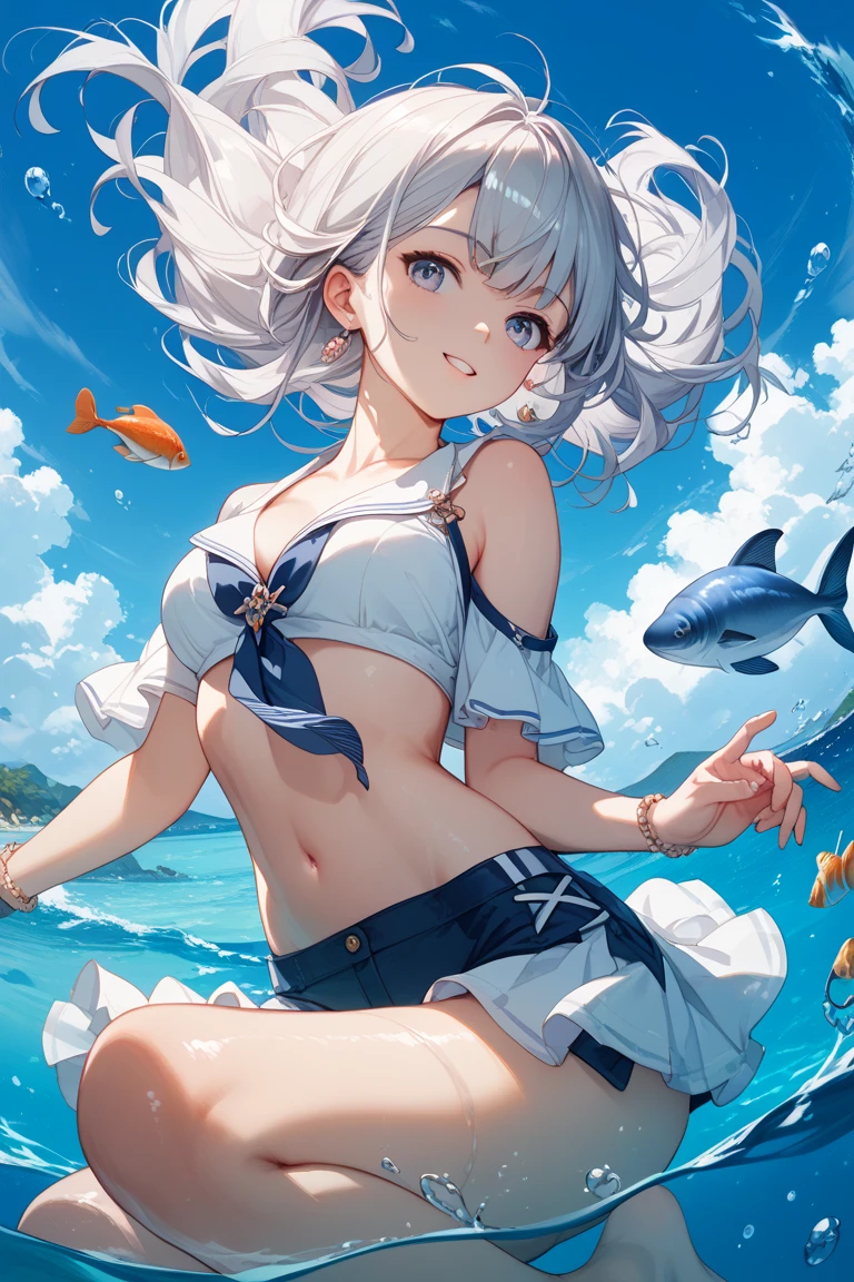 (musterpiece), (best quality), (score_9, score_8_up, score_7_up), very detailed eyes, expressive eyes, perfect face, very detailed face, highly detailed face, beautiful girl, 8K, beautiful girl, (white background:1.3), delicate and beautiful face and eyes, dark intense shadow, 1 girl, solo, vtuber style, cool girl, hololive, Gawr Gura, shark tail, multicolored hair, short hair, grey hair, streaked hair, shark teeth, shark tail, blue eyes, hololive summer 2023 swimsuit, bare shoulders, layered bikini, bikini, blue and white striped bikini, bikini skirt, small chest, cleavage, underboob, cropped shoulders, clavicle, cameltoe, Navel-baring, wet body, wet hair, one eye close winking, smile, body visible through clothes, chest visible through clothes, ass visible through thighs, Shiny Oiled Skin, (full body), barefoot, bare thighs, sitting, open legs wide, from below, pov crotch,