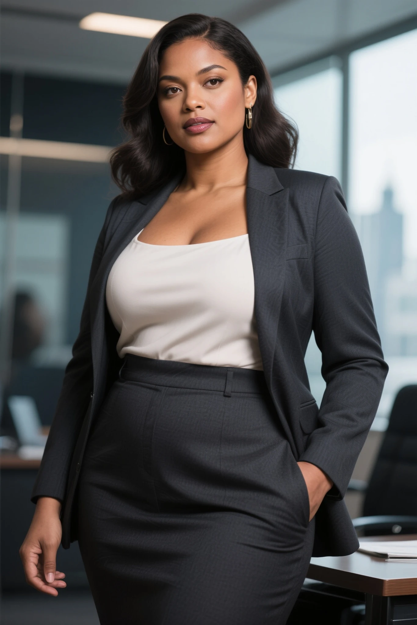 A big and muscular woman standing in an office dressing in men's suit and men's shoes, facing to the viewer, ultra short hair, masculine pose, fierce expression, bright lighting, realistic