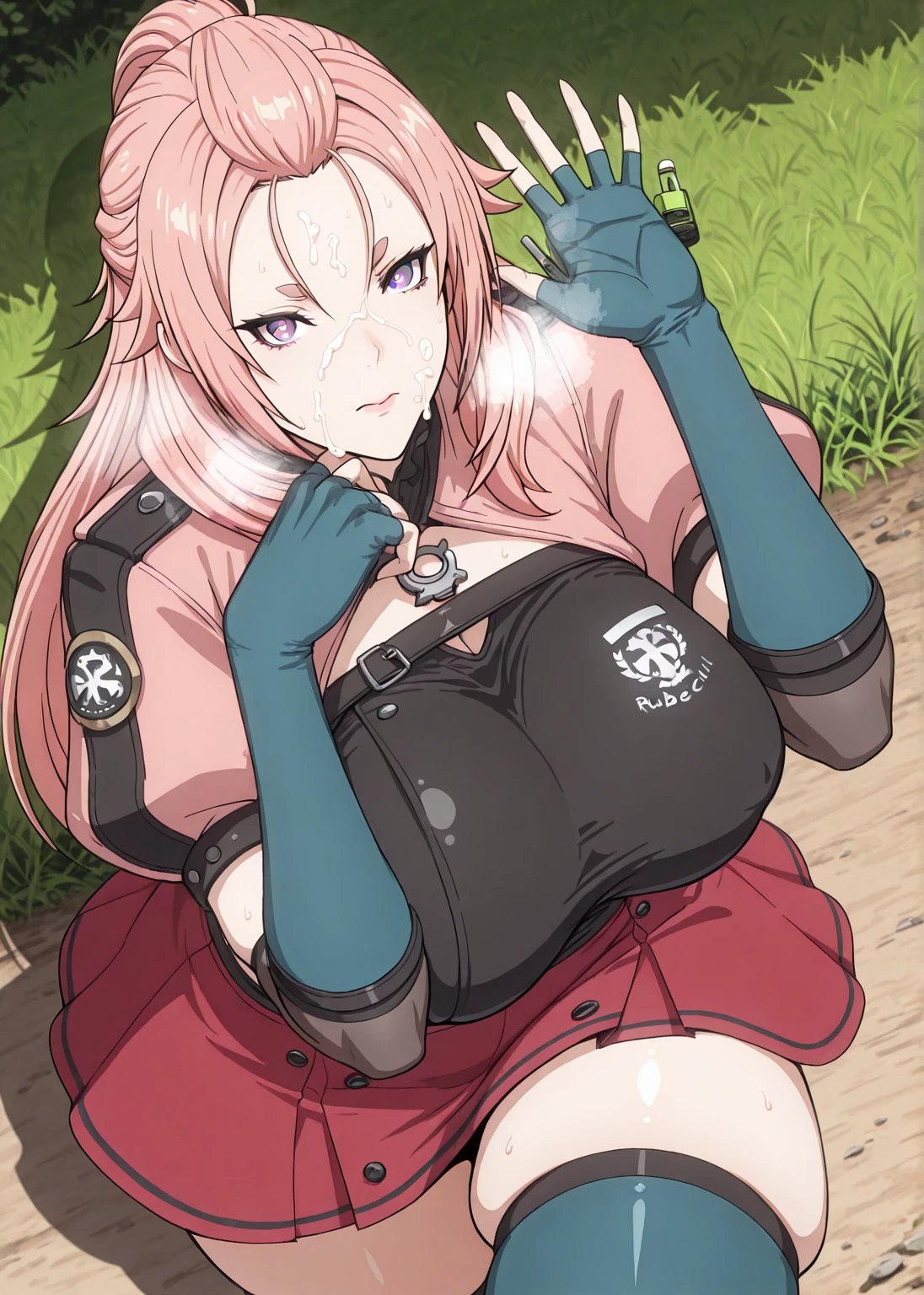 Ggstduel, horn_wood, (zucchini-style:1.2), (ruberule-style:1.4), ((anatomical correct)), ((Cinematic, unreal engine, eye-catching, ambient occlusion, UHD, masterpiece)), ((perfect lighting, soft shadow)), perfect body, perfect eyes, perfect fingers, gasping, heavy breathing, gasping profusely, ((skindentation)), ((curvy)), Mmananakiri, mature female, long hair, ((half updo hair)), ((dark-pink hair)), purple eyes, short eyebrows, big breasts, bright pupils, plump, 1girl, solo, gloves, cum, thighhighs, blue_gloves, elbow_gloves, blue_thighhighs, looking_at_viewer, forehead, puffy_sleeves, skirt, facial, puffy_short_sleeves, short_sleeves, red_skirt, outdoors, ((ಡ ͜ ʖ ಡ)), grass, closed_mouth