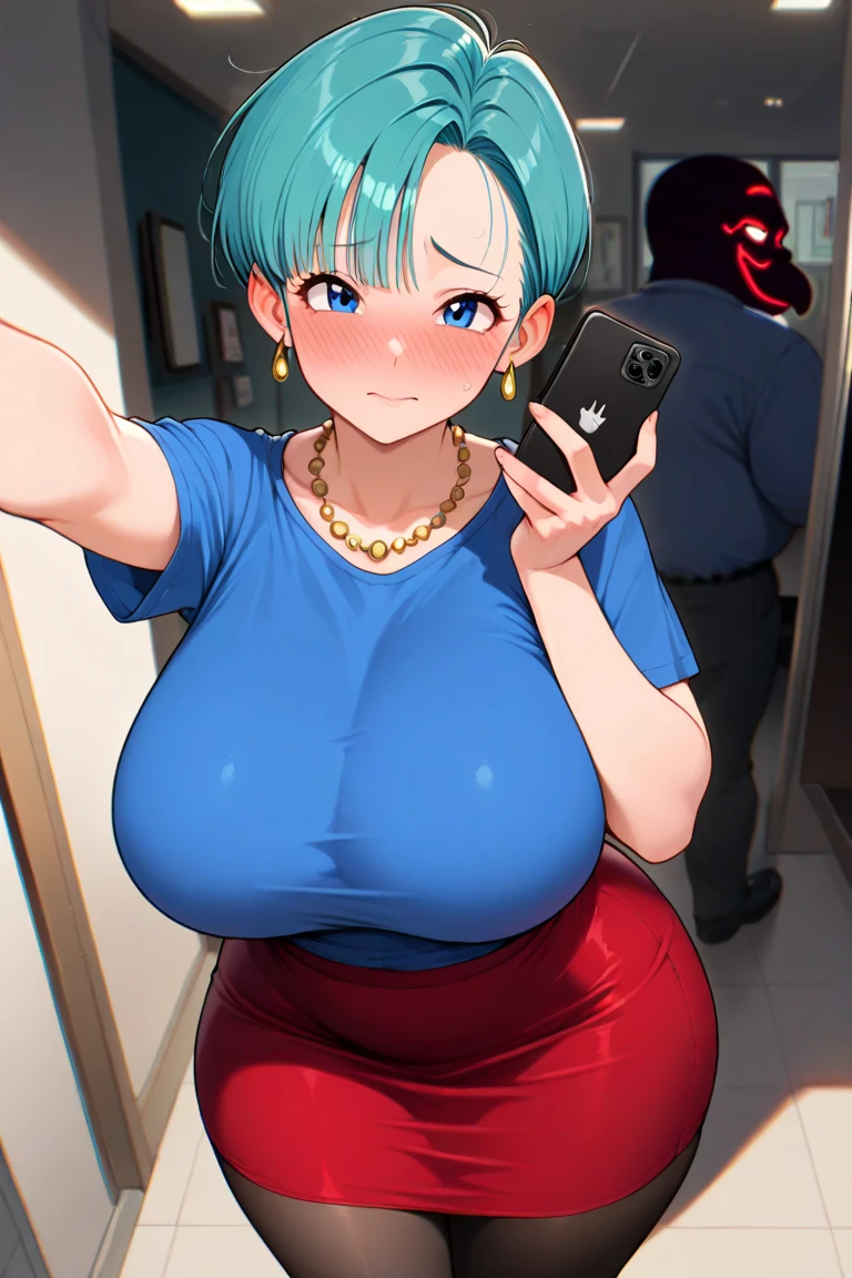 score_9, score_7_up 1girl, solo, bulma, cleavage, depth of field, presenting, happy, large breasts, selfie