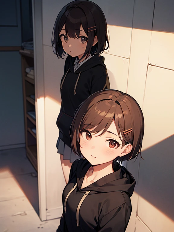 absurdres, RAW photo, extremely delicate and beautiful, masterpiece, Best Quality, ultra high resolution, 32k, hyperrealistic, ultra-detailed, delicate facial features, beautiful detailed woman, tearful mole, earring, medium breasts, full body shot, medium hair, black hair, oversized hoodie, sportswear,