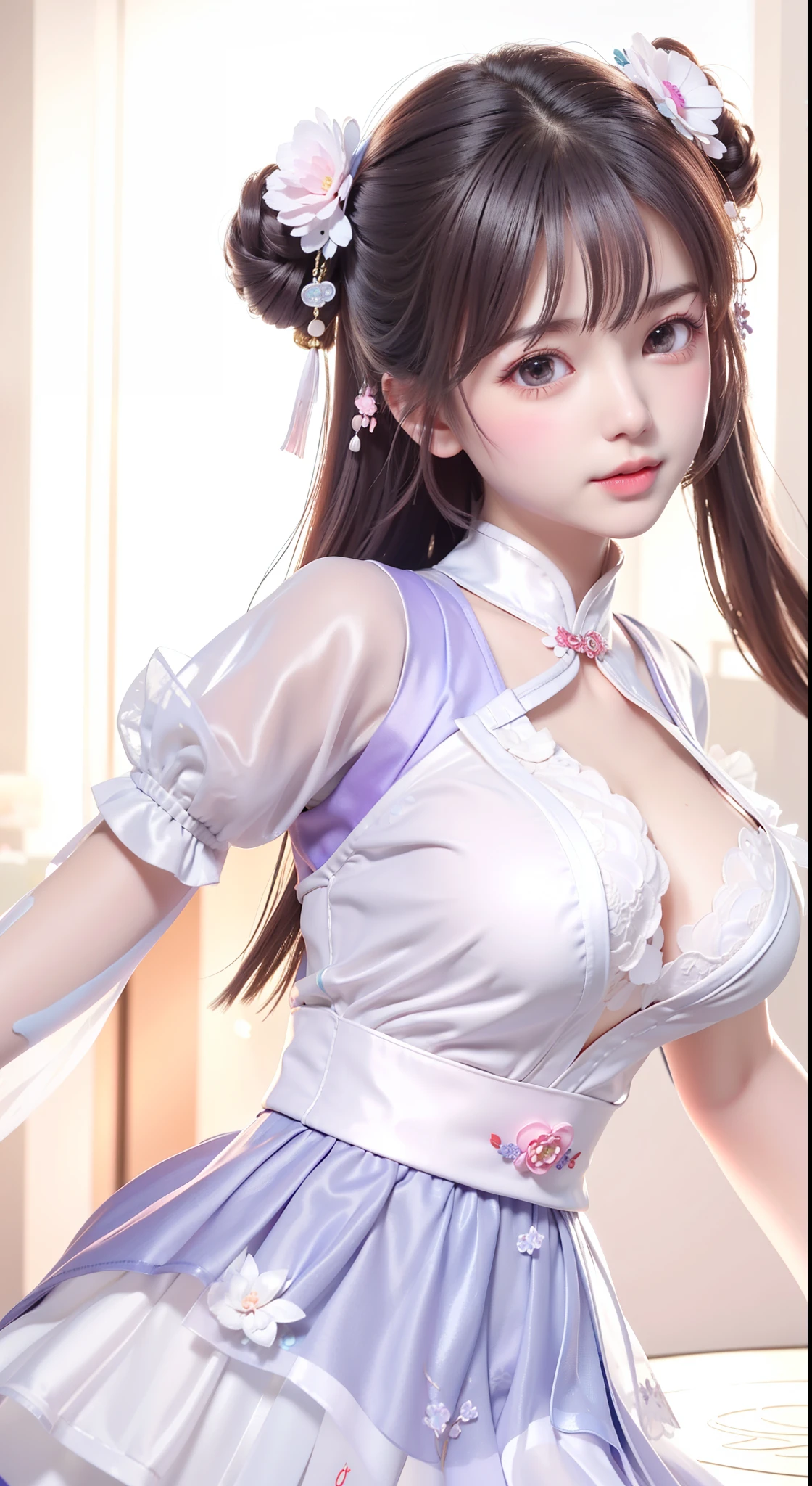 ((Hanbok Costume、Hanbok Costume、Hanbok Cosplay、Hanbok uniform、Micro Hanbok、Sleeveless Hanbok、Hanbok with slits))、1 girl、Bob Hair、Medium breast、Cleavage,(Double Bang、Buns:1.3)、masterpiece:1.3、Raw photo、Highest quality、Detailed Images、Detailed Background、Korean Bar、Korean Lounge、Korean Cabaret、Korean bar、Sit on a luxurious sofa、Showing off the toes of high-end stiletto mules、