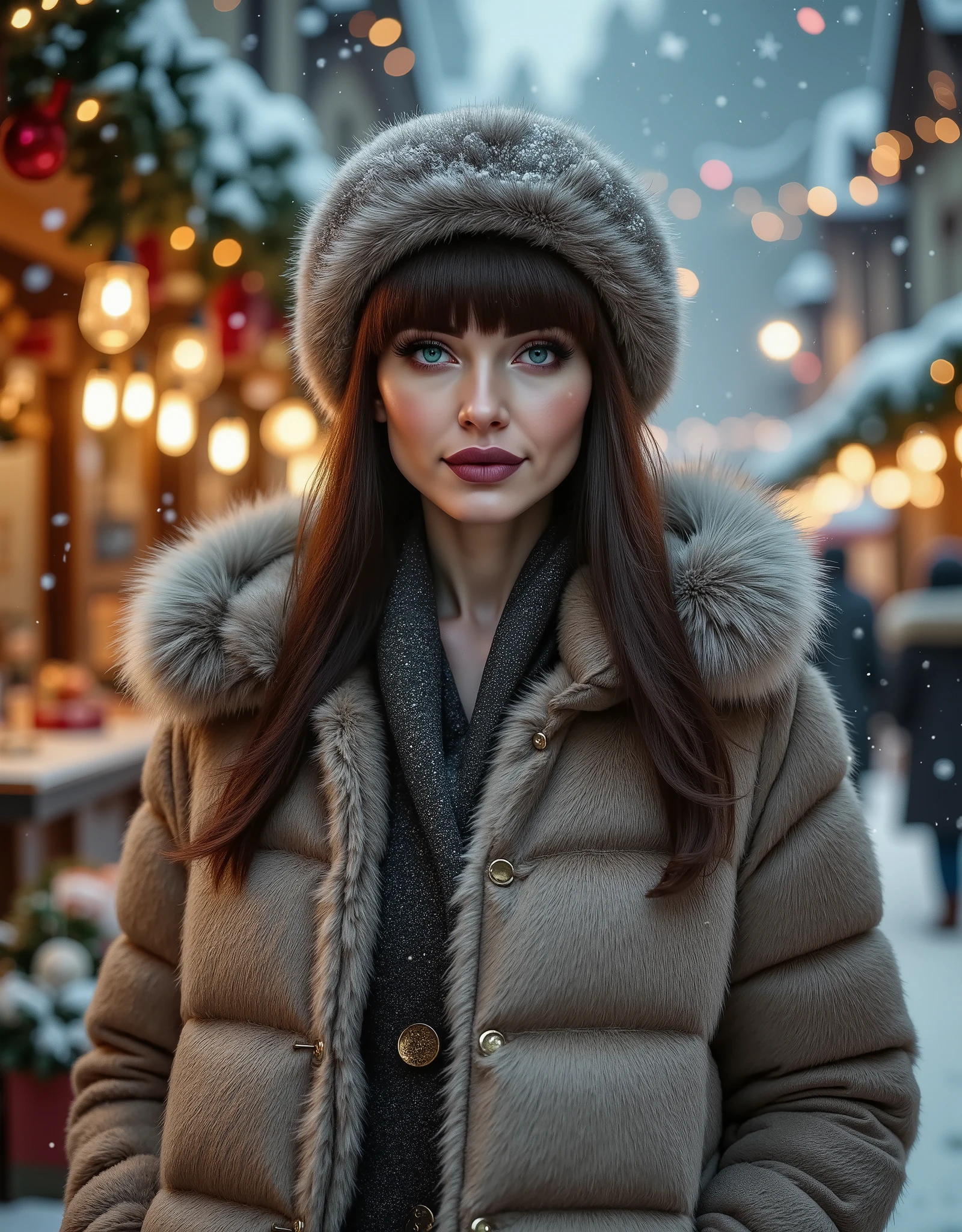 woman wearing a fur coat and a fur hat, outside, christmas fair with lot's of decorations and christmas lights in the background, heavy snowing,