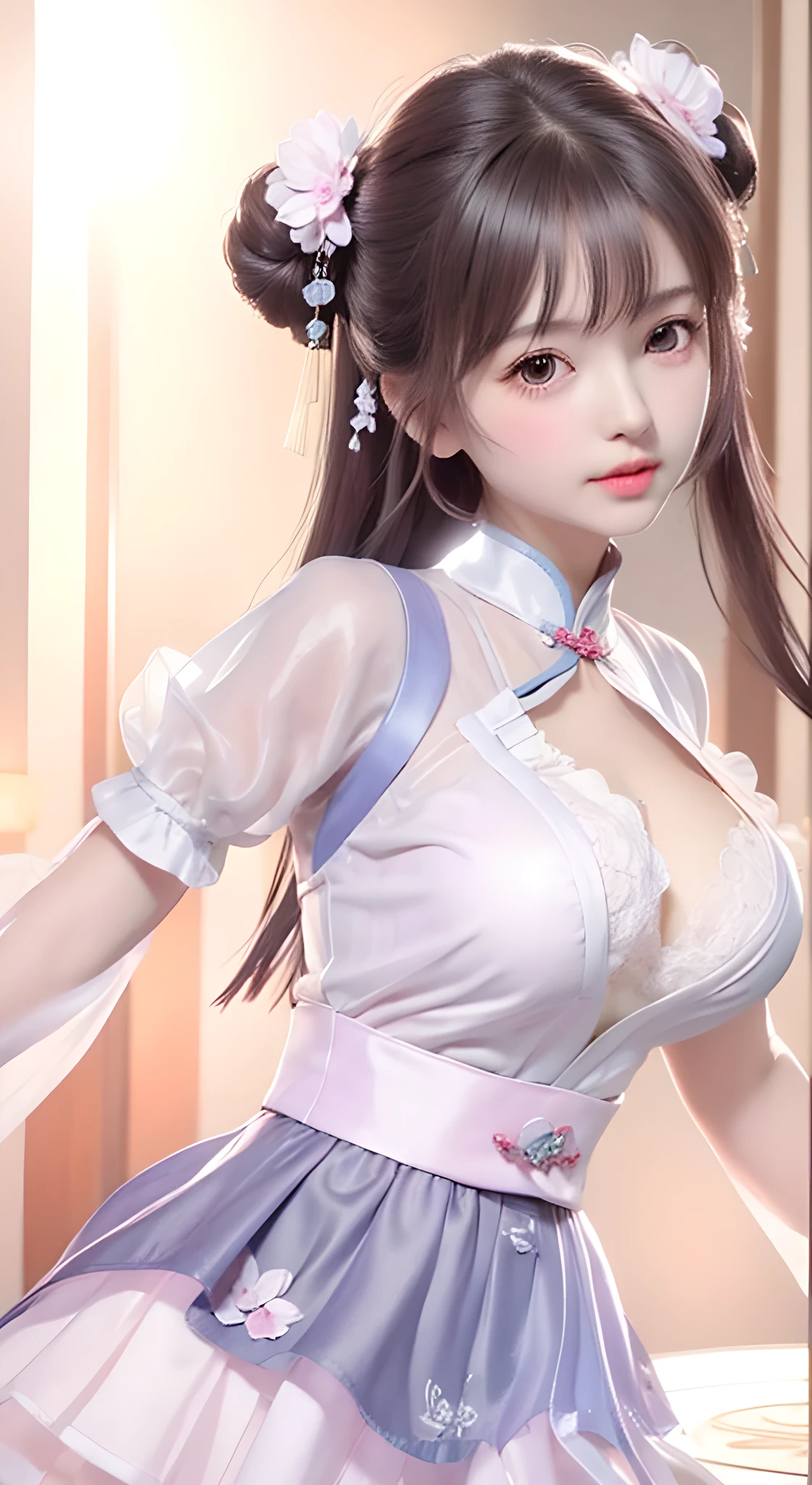 (bestquality、A masterpie:1.2)、Ultra High Res、lifelike、Front lighting、with intricate details、Exquisite details and textures、1 Mature girl(Rose)、solo、、(young、)、Facial Highlights、fulllllbody、Detailed face、Teardrop mole、White Skin、Silver hair、ponytails、Braid hair、Watch your audience、s big eyes、Silk robes、(Hollow pattern、white,、silk)、ear ring、tiny breasts、Slim body、Luxurious room、professional Lighting、Photon mapping、 Radiosity、physically based rendering、((pull up skirt、White lace panties visible))、