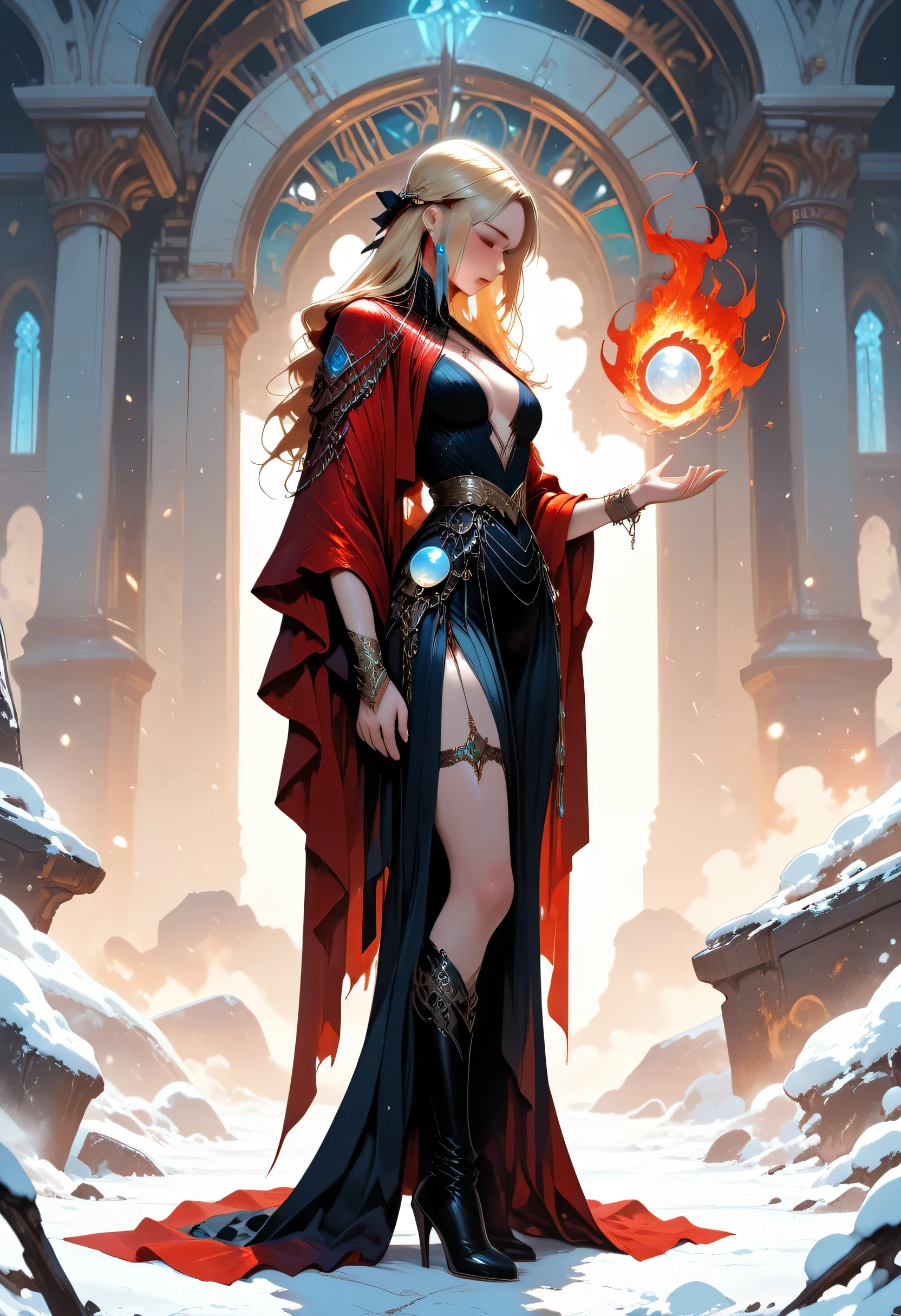 a sorceress casting a ice spell in magical library, exquisite beautiful human woman, blond hair, long hair, dark colorful dress, intricate dress, silk dress, small cleavage, red cloak, high heeled boots, high details, best quality, 16k, ultra detailed, masterpiece, best quality, (extremely detailed), full body, (ultra details, Masterpiece, best quality), fantasy art, dnd art,fantasy art, realistic art, red fire perfect face, perfect body, ember, Ice Ball