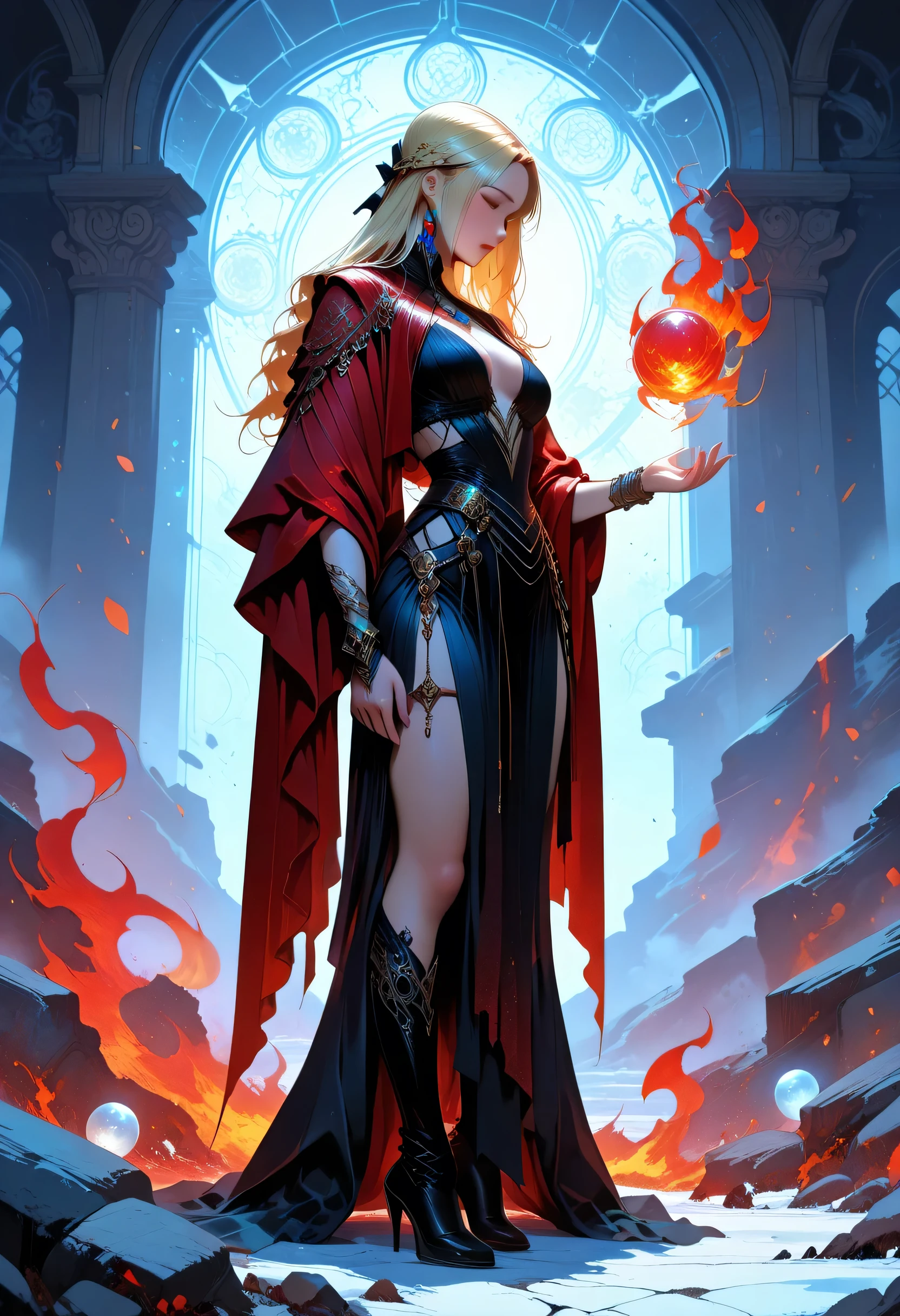 a sorceress casting a ice spell in magical library, exquisite beautiful human woman, blond hair, long hair, dark colorful dress, intricate dress, silk dress, small cleavage, red cloak, high heeled boots, high details, best quality, 16k, ultra detailed, masterpiece, best quality, (extremely detailed), full body, (ultra details, Masterpiece, best quality), fantasy art, dnd art,fantasy art, realistic art, red fire perfect face, perfect body, ember, Ice Ball