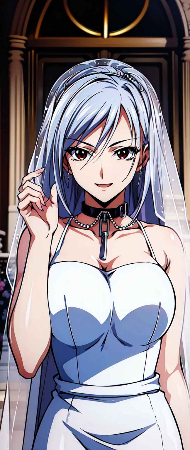 red eyes, (pure white background:1.4),(highest quality, masterpiece絵画:1.3), mature woman, 26 years old, whole body,(cross choker around neck),(from head to toe),looking at the camera, From the side, masterpiece, ultra high resolution, (Photoreal:1.0), bright white hair,straight hair, beautiful shining hair, white and shining skin, ((Ultra realistic details)), octane rendering, highly detailed face, bouquet in both hands, (big breasts:1.0),(gorgeous white wedding dress,white Wedding veil,diamond necklace,delicate decoration:1.2), open neckline, cleavage, perfect body, soft skin, anime face, perfect face, perfect eyes, looking at the viewer, smart,, Lots of flowers at my feet, outdoors,sharp focus, intricate details, professional artwork, (bright colors:1.1), bright colors, diffused lighting, digital blending, ultra-definition body, ultra detail hair, super detailed face, It's trending on pixiv,perfect lips, perfect compensate, Ultra-precision coating, (light_smile:0.8), (Very embarrassed:1.2),A glossy look,