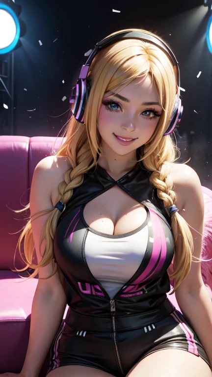 blonde gamer girl leaning into the camera, photo from front above, red hoodie, large white gamer headphones, medium breasts, skintight white top:1.2, cleavage, pink bra:1.2, looking at viewer, soft colors, cinematic lighting, perfect anatomy:1.2, round breasts:1.2, well-organized, neat:1.2, perfect proportions,