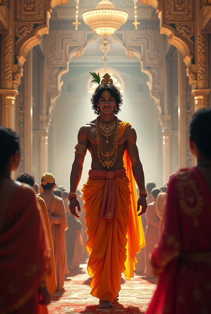 Create an image of a disguise male as a  female dancer in indian attire holding a flower basket infront of Indian tea shop .