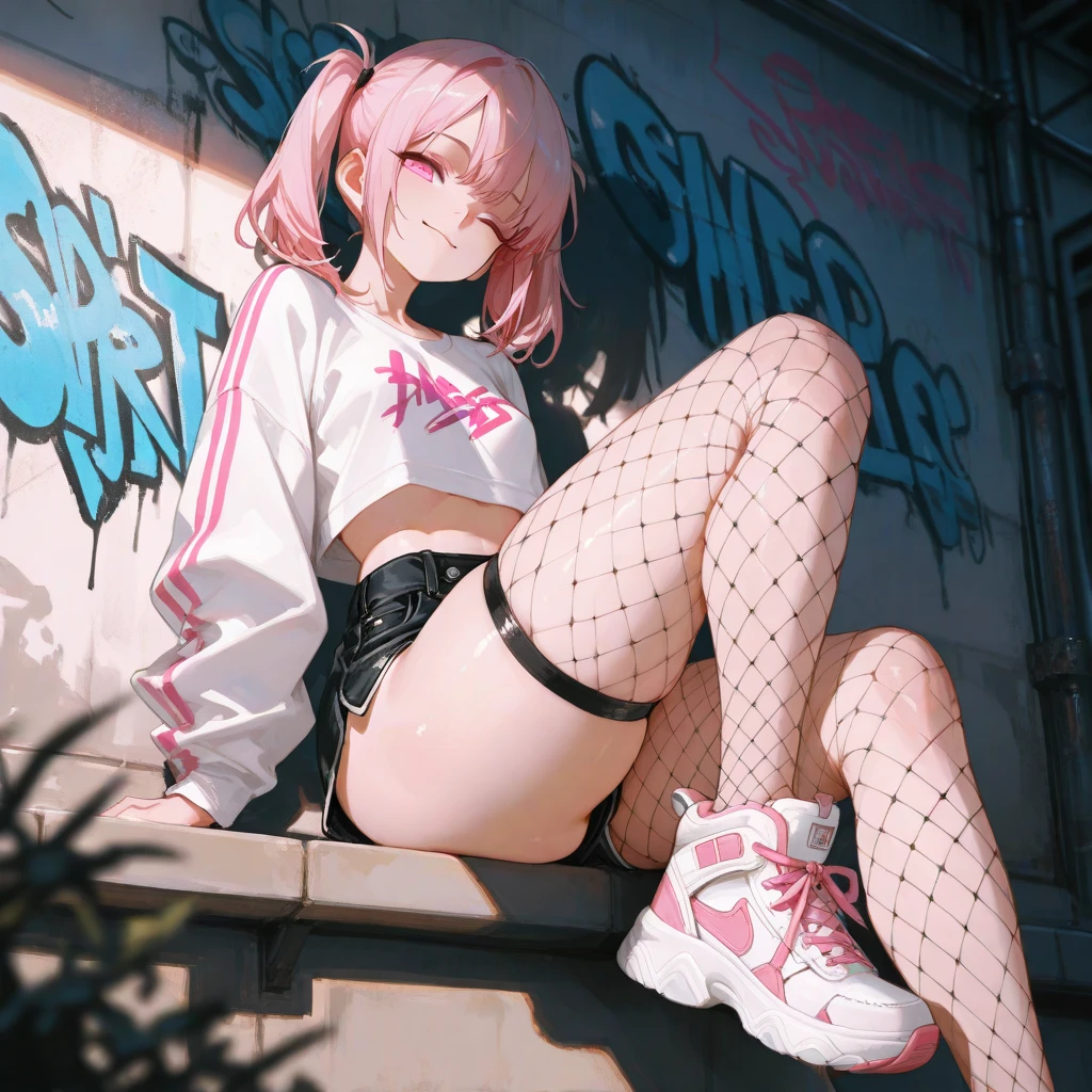 Albino-skinned girl with short pastel pink hair and straight bangs to the eyebrow, black eyes without light and serious expression, de roupa, a little black outfit with a white zipper in the middle and a black thigh-length jacket with a white zipper, white All Star sneakers and black knee-high socks. She is admiring the city view on top of a tall building.