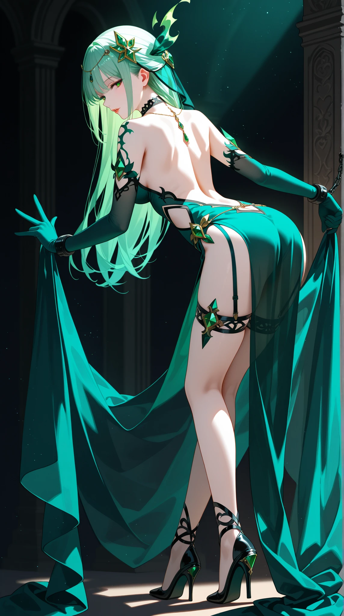 Green eyed woman, fully body, whole body, side pose, revealing clothing, clothes glued, deep and sad look, masterpiece, アニメ, neutral background,
