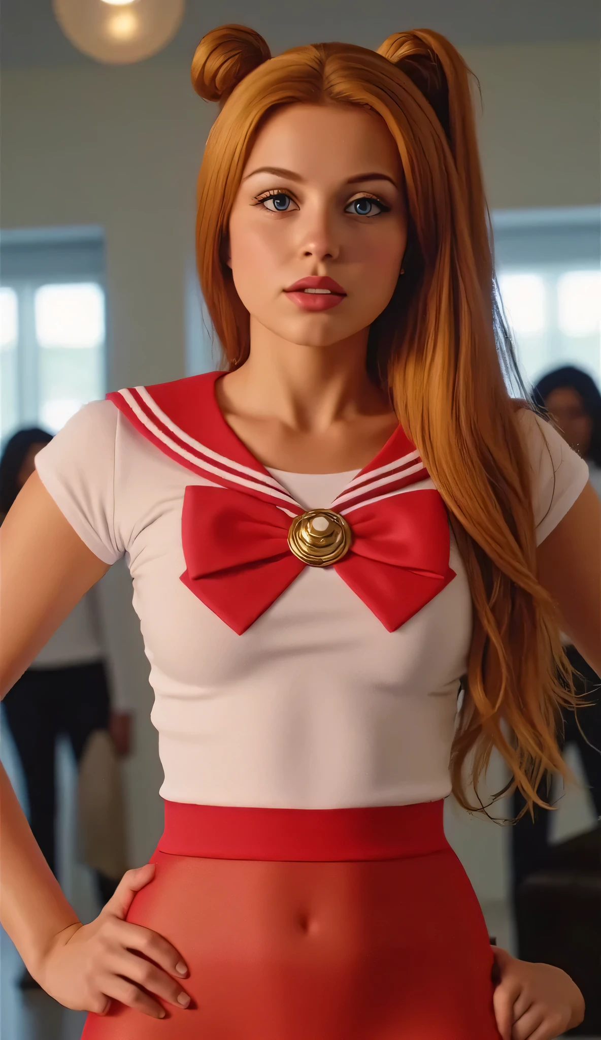 (SFW:1.4) (all audiences) (no nudity) a lifelike very young looking 18-year old American ginger Sailor Moon, sxvnr, full body lifelike photo, (wearing skimpy tight Sailor Moon cleavage costume and sheer to waist shiny fawn-color pantyhose:1.4), shortstack, bright orange very full waist Sailor Moon hair, (huge thighs, pear shaped body:1.3), large bright blue waifu eyes, short torso, perfect skin, no nipples, (large hips:1.3), Very detailed and realistic, suntan, (very tiny waist), (race white)
(((8k)))Standing by a table wearing headphones and talking into a microphone in a podcasting recording studio, a seductive very youthful face and body language looking at camera, head to toe in frame,
(((UHD))), masterpiece, anatomically correct hands, best quality, ((photorealistic)), max details, accurate toes, max resolution, feet in frame, head in frame, sharp focus, professional, realistic musculoskeletal movement and limitations, anatomically correct arms legs hands and feet, no logos, no watermark, lifelike image quality, no animation, no anime,