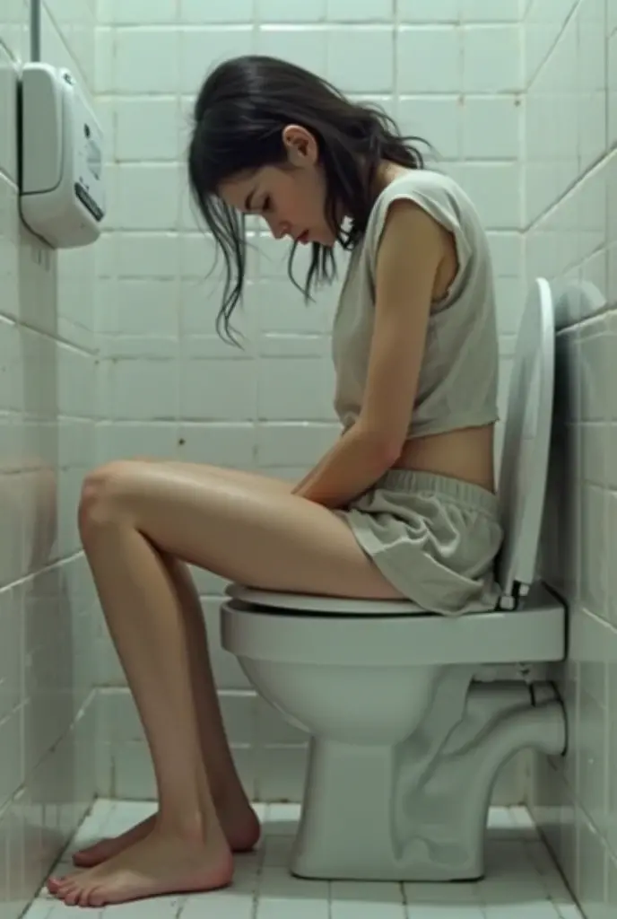 Pale skin black bun hair Kurdish nude girl sitting in toilet