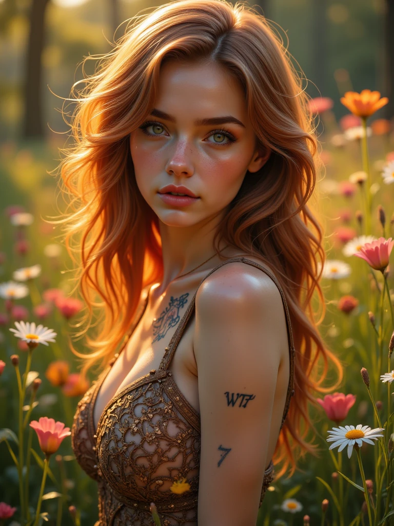 (((From below looking up))) Framed portrait of a confident ethereal woman with blonde and (bright red) red hair, (((laying (on her stomach) in a meadow))), beautiful sky, soft swirling sparkles around her, soft blue lilac and yellow hues, tranquil, beautiful, magical, photorealistic