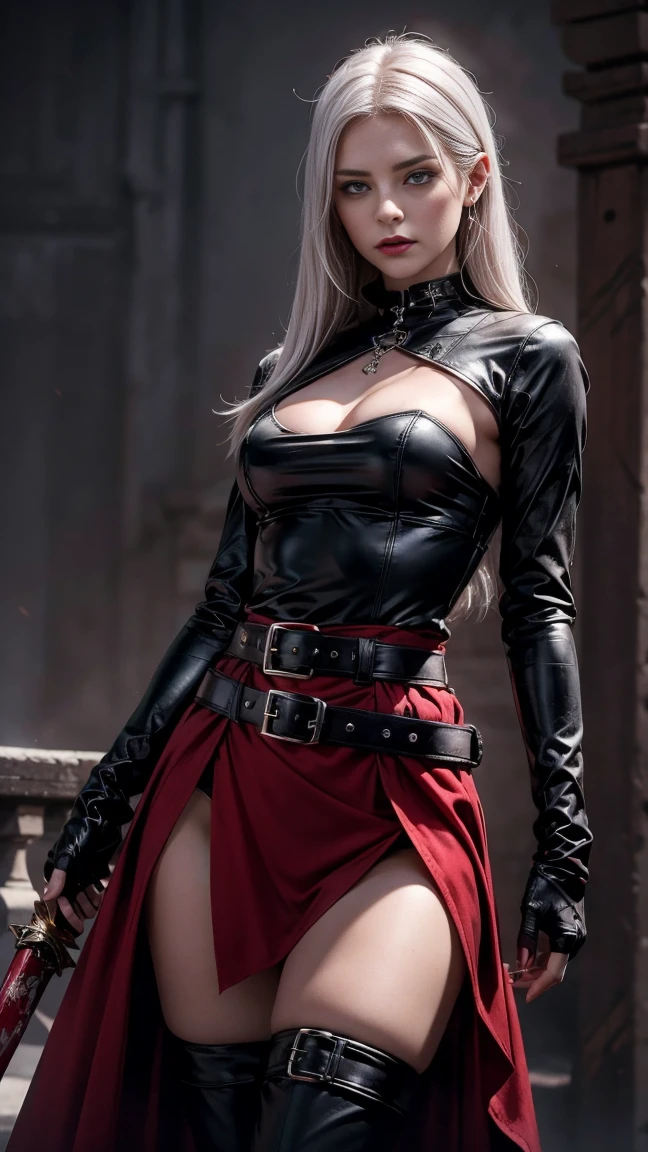 Realistic, High resolution, Soft Light,1 female, alone, Hips up, (Detailed face), white hair, edgBB, Torn clothes, coat, Arm armor, black Capulet, Capulet, hunter (Bloodborne), Black Gloves, Put your arms by your sides, Tricorn hat pointing forward, sash, woman wearing edgBB_full outfit, Bloody scarf, dark, candle, jewelry