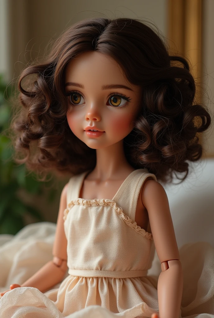 Make a bytle doll with very curly hair, Dark brown, short, with bangs and black eyes