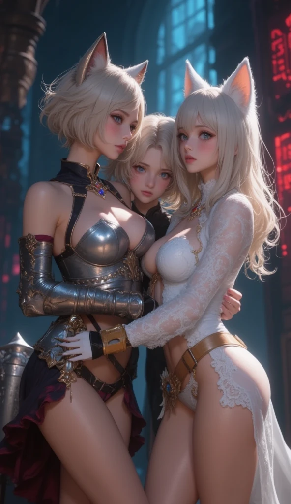 (ultra detailed,extremely detailed),(photorealistic artwork:1.37),(extremely detailed CG unity 8k wallpaper),(intricate),(masterpiece),(best quality),(intricate background),photo realistic,analog style,((intricate detail)),(((realism))), Dynamic shot, dynamic angle, (multiple characters), ((3 females)), (((A picture of 2 beautiful succubus dominating sexy nun on a leash from behind))), (in nuns crowd), ((2 demon females and a nun)), (nun, kneeling, bent, legs spread, chain tied, chained, chain between legs, ass exposed, scared, obedient, insecure, burning halo), (beautiful female demons around, dominating, standing above, power pose, fingering, hand in panties), demons, beautiful succubuses, horror, dark, sexy, rough domination, domination, bdsm, golden chains,(golden leash), collar, beautiful bodies, slim, highly detailed faces, horns, horny, scared, stockings, (white silk lingerie underwear, white stockings, white gloves), leather tight boots, looking up, closeup, blue light, blue tones, highres, sharp focus,