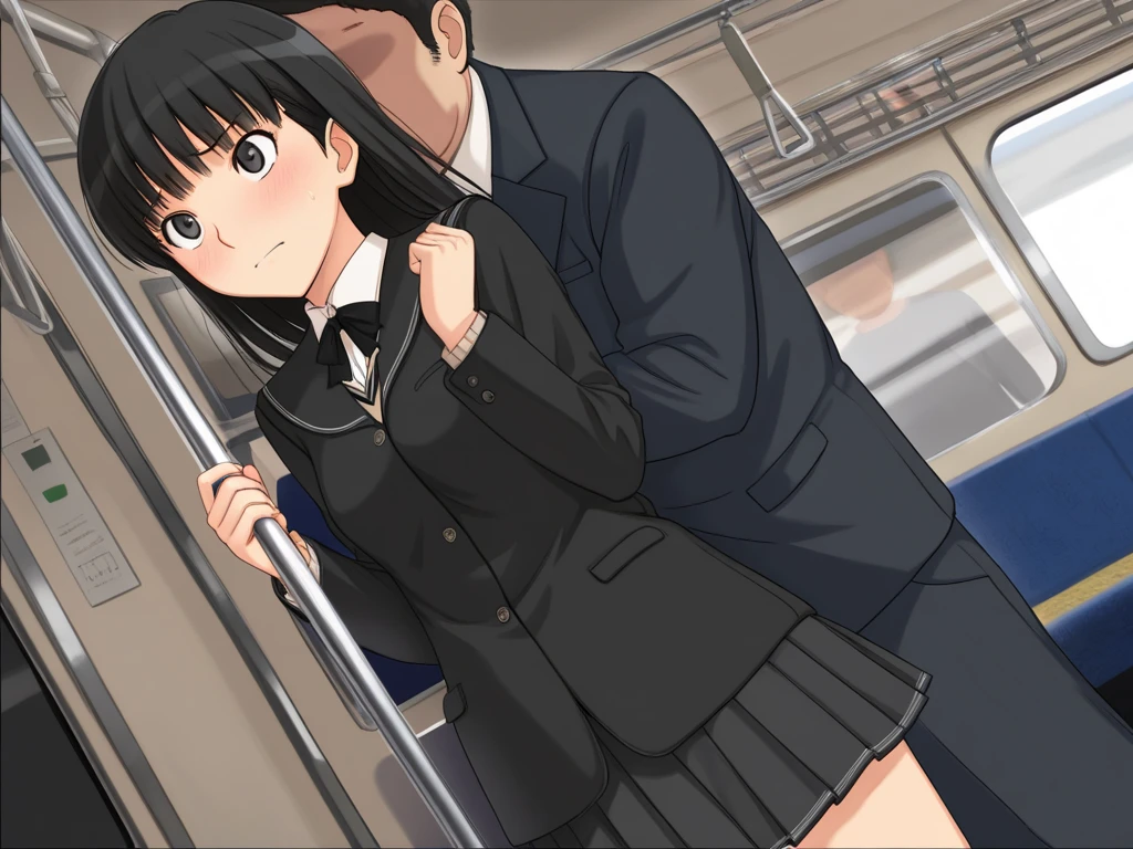 A girl is standing on a train, crying and in disgust. She is topless, wearing no underwear, wearing a checked skirt, her nipples are erect, she has short bob black hair, small breasts, and pale pubic hair. A molester stands facing her and forcibly puts his arm around her shoulders, lifts one of her legs, and inserts his penis into her vagina.