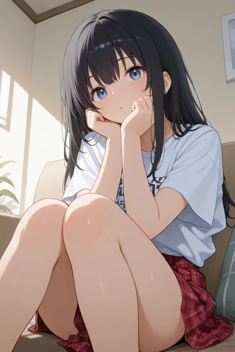 One girl, Straight Long Hair, Black Hair, Sailor ,(school uniform:1.3),(White panties),(Complicated panties:1.2), , A shy smile, Bow-legged、Squat、Vulgar pose