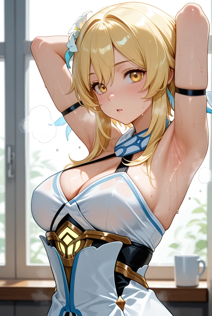 luminedef, indoors, bedroom, (masterpiece:1.6, best quality), solo, standing, upper body, smile, blush, short hair, looking at viewer, armpits, shiny, 